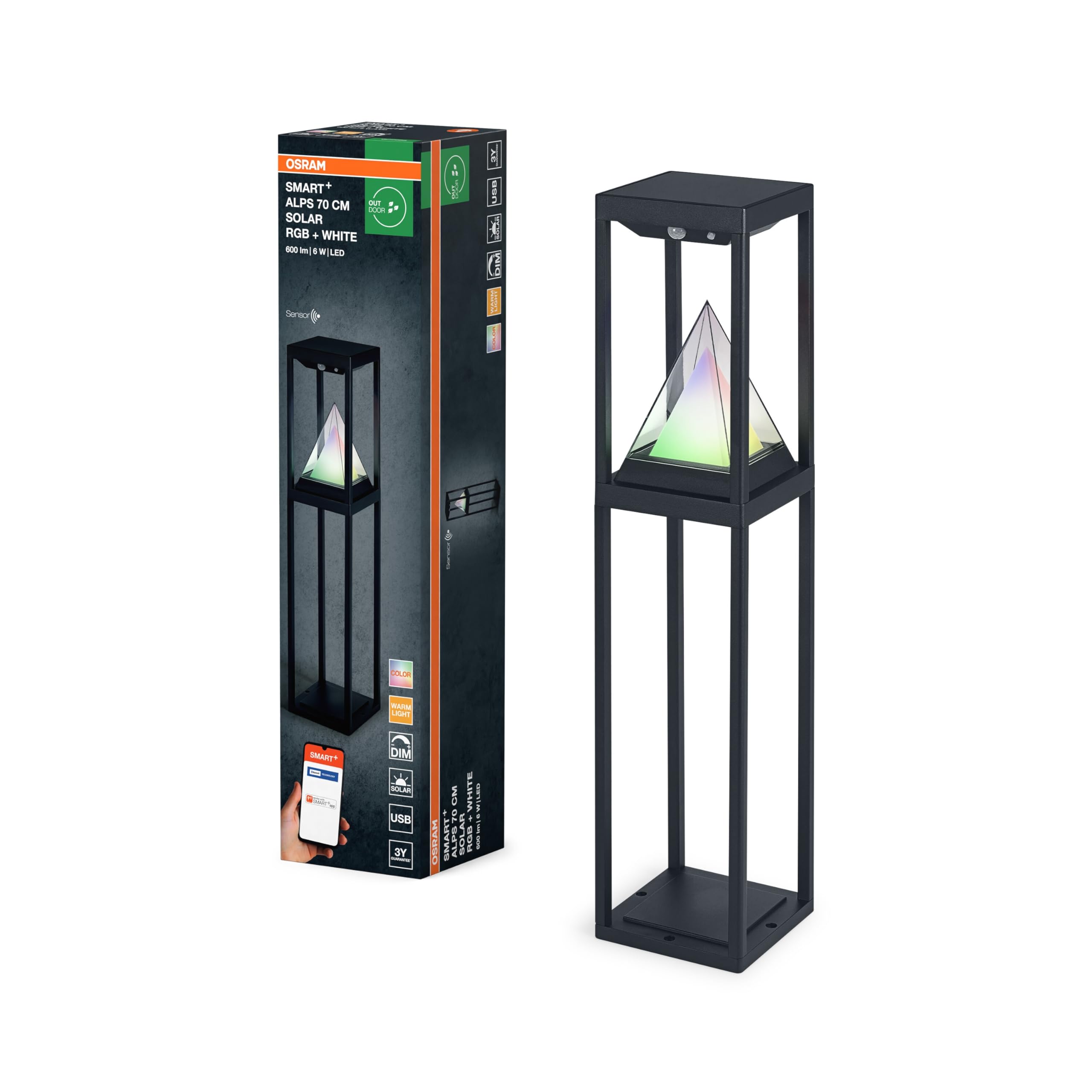 OSRAM SMART+ ALPS lampioncino solare da esterno Bluetooth con sensore, luce bianca calda (3000K) e colorata, senza alimentazione, fino a 2,5 ore al 100% di luce, ricaricabile con cavo USB-C, IP44