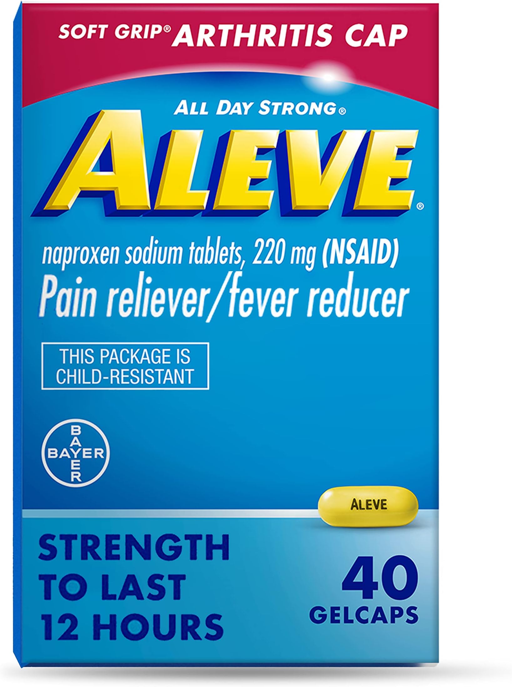Aleve Gelcaps with Soft Grip® Cap, Naproxen Sodium, Pain Relief Medicine, 40 Count