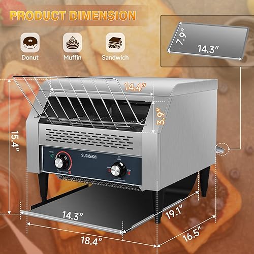 Miniatura 2 de Tostadora con transportador comercial, 450 rebanadashora, tostadora de acero inoxidable de 2600 W, tostadora industrial resistente, horno eléctrico