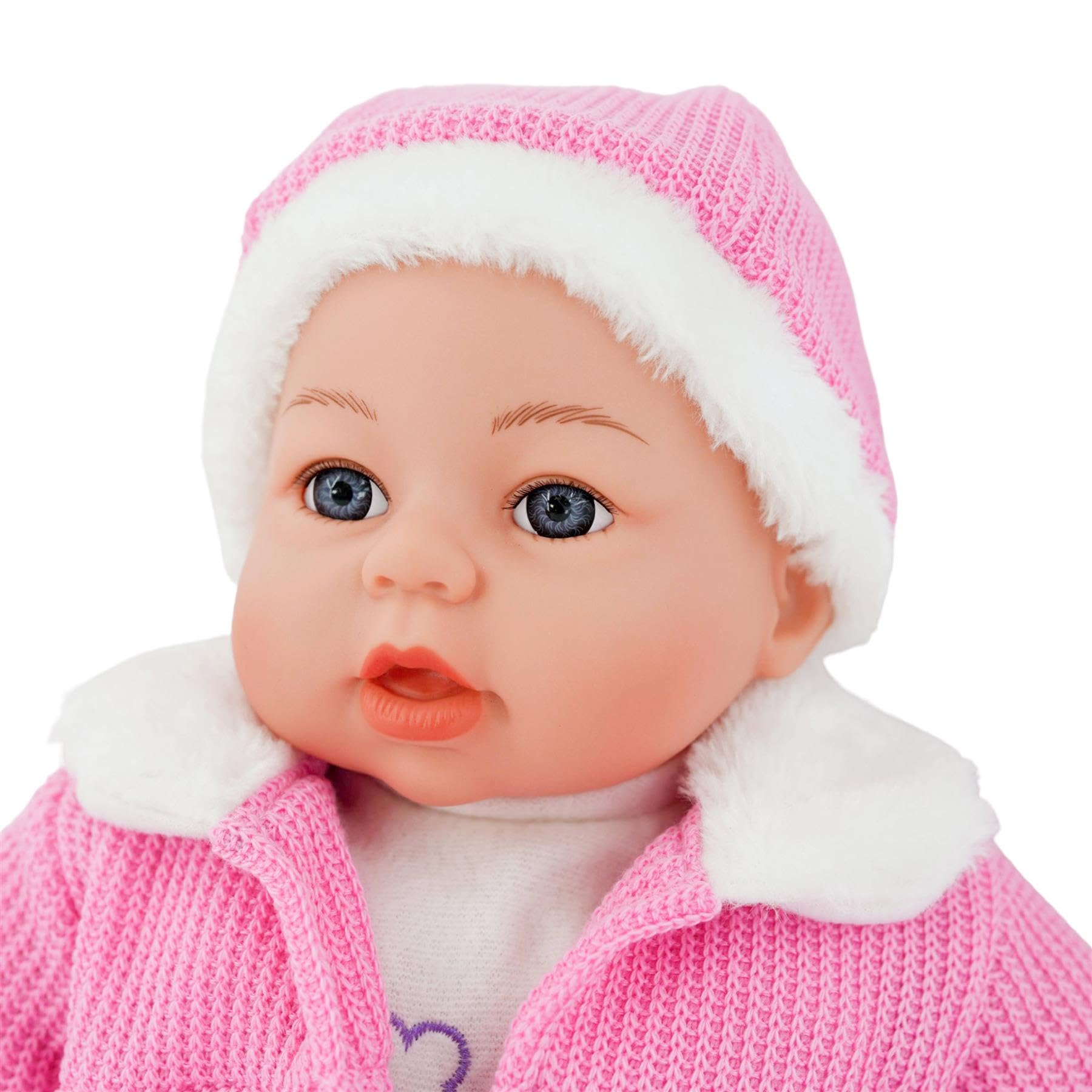 BiBi Doll 18" Baby Girl Doll with Dummy & Sounds, Lifelike, Soft Body, Pink Coat Outfit - Image 3