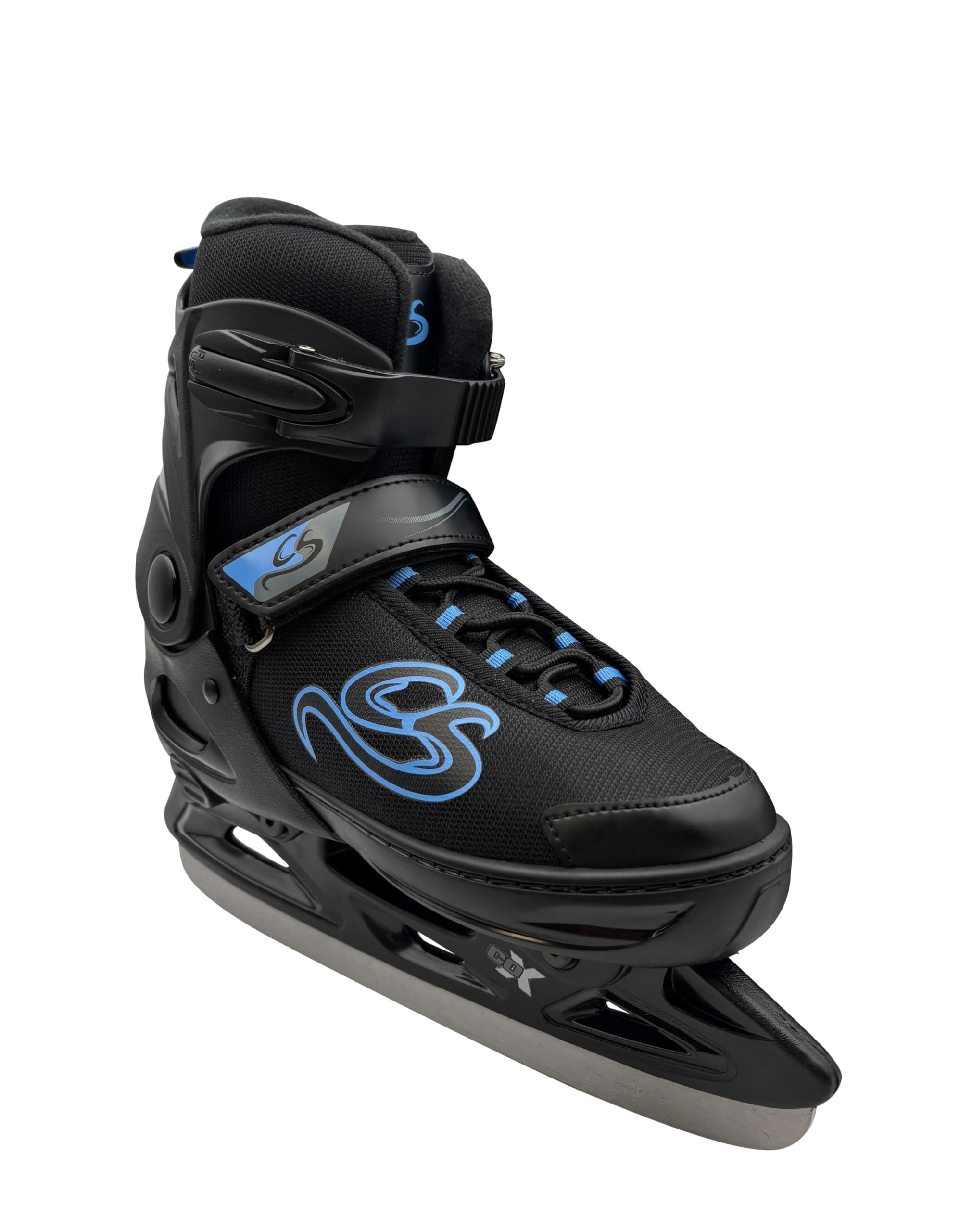 Cox Swain verstellbare Schlittschuhe Crystal, Eislaufschuhe für Kinder, Jugendliche und Erwachsene bis 100KG, vorgeschliffene Edelstahlkufe, Softboot, Black/Blue Gr. XS (29-32)