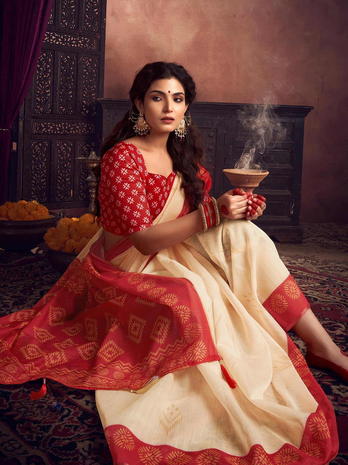 Satrani Women's Navratri Special Cotton Silk Printed Durga Puja Special Bengali Saree With Unstitched Blouse Piece (3877S163N_Cream & Red1)