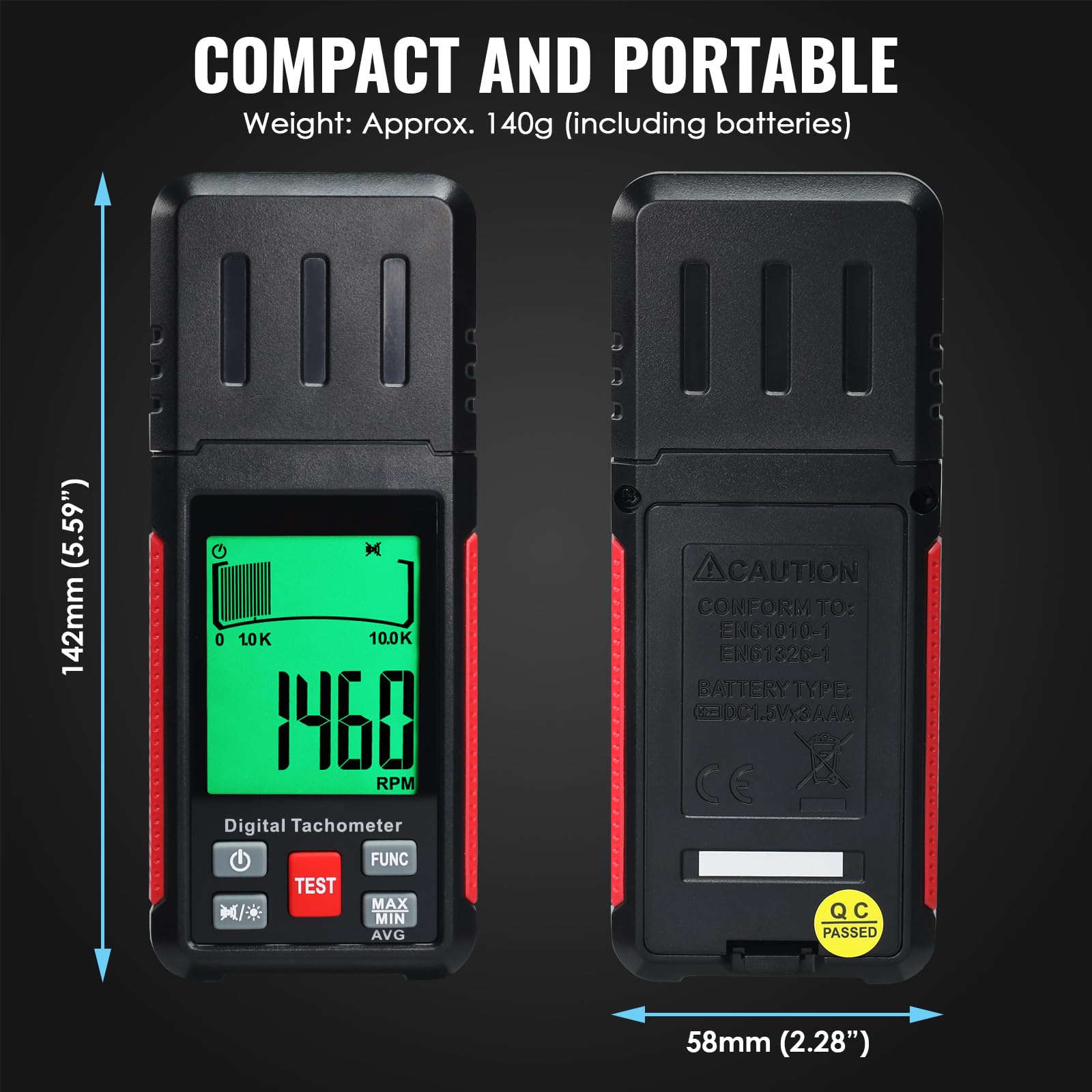 Tachimetro laser contactless RPM 10-99999 giri/min, alta precisione con nastro riflettente, retroilluminazione LCD e max/min/media, funzione di supporto dati, sensore di rotazione per gebra domestica