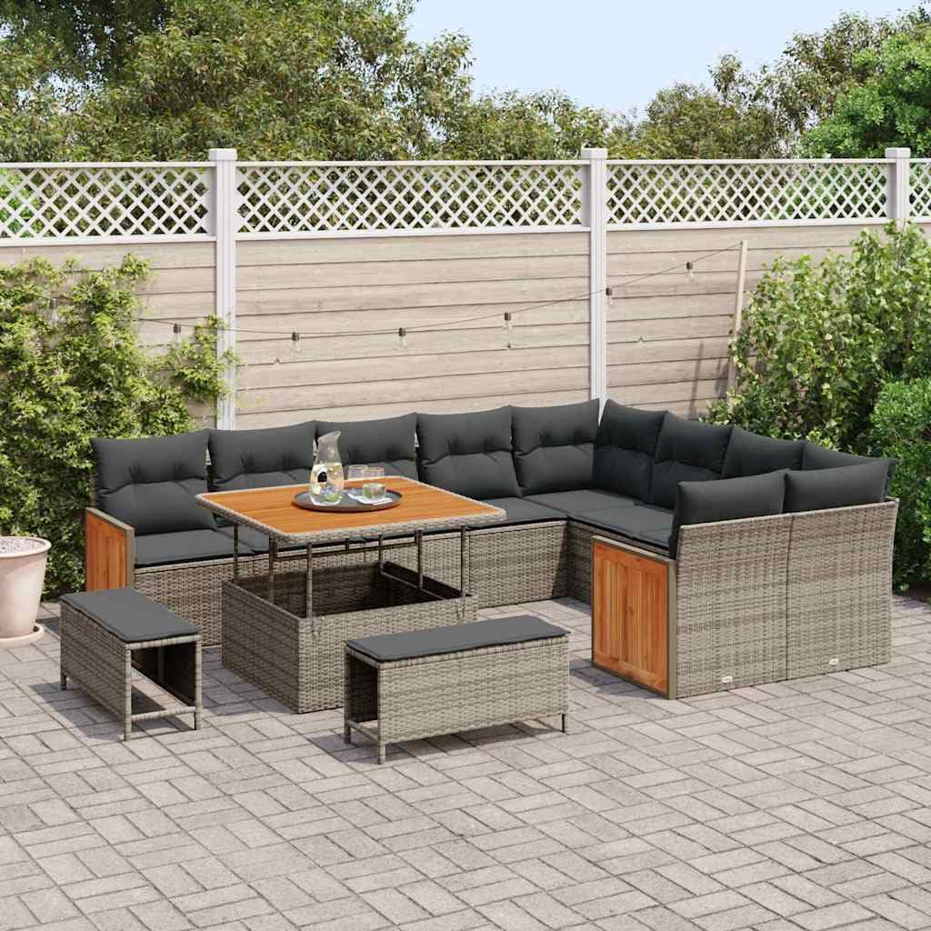 Set Divano da Giardino Modulare 13 Pezzi con Cuscino Grigio Polyrattan, Salotto Esterno Resistente con Tavolo e Pouf, Angolare Centrale per Terrazzo Patio, Durevole e Leggero con Coperte Lavabili
