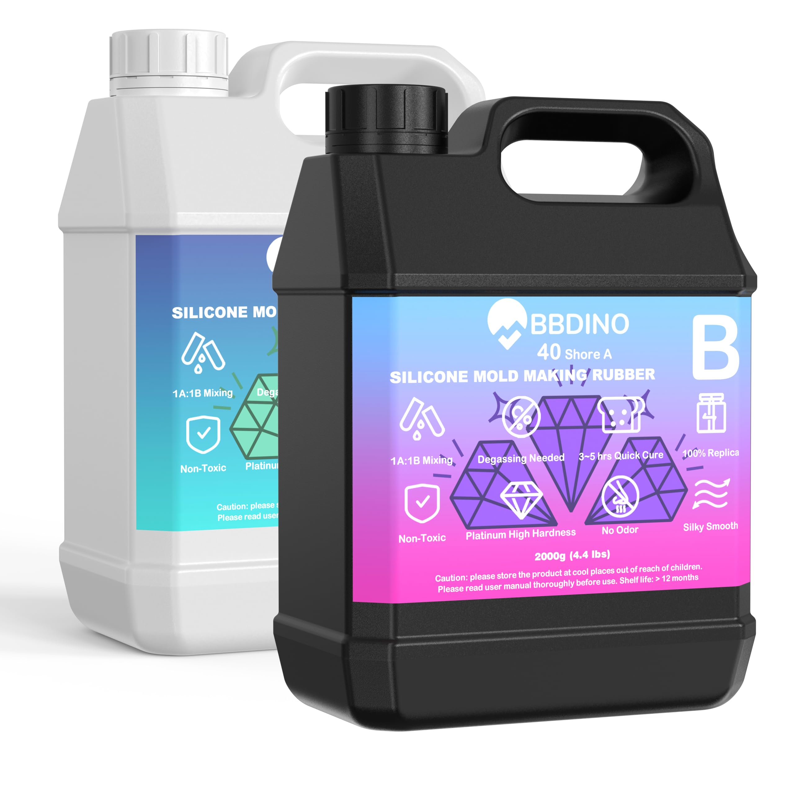 BBDINO Silicone Mold Making Kit 40A High Hardness Liquid Platinum Silicone for Molds Crafting and Silicone Casting Strong Strength Transparent 1 Gallon Kit 8.8 Lbs