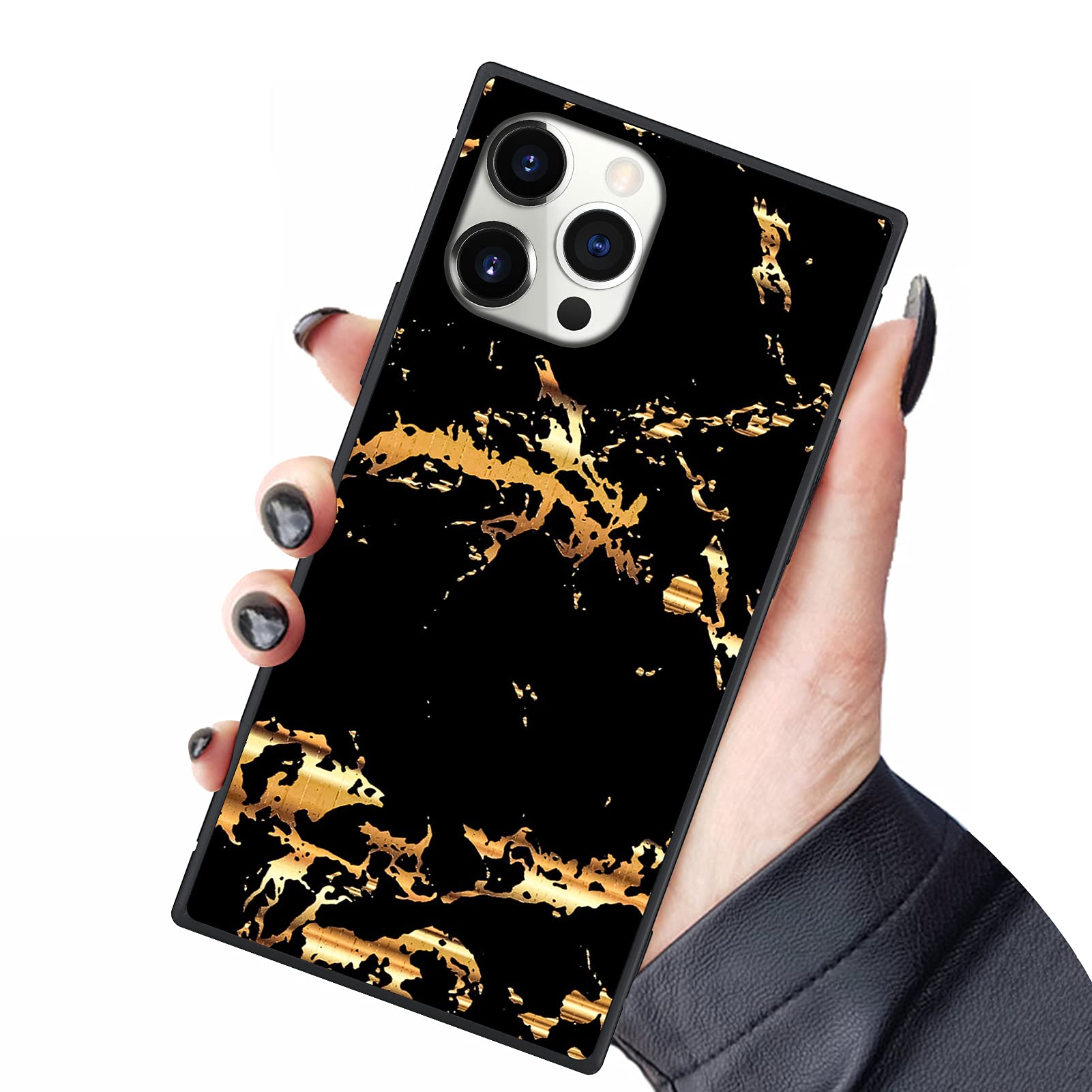 PERRKLD Compatible with iPhone 13 Pro Case Square Black Gold Marble Pattern Heavy Duty Protection Shock Absorption Slim Soft TPU Edge and Hard PC Case Cover for iPhone 13 Pro - 6.1 in 2021