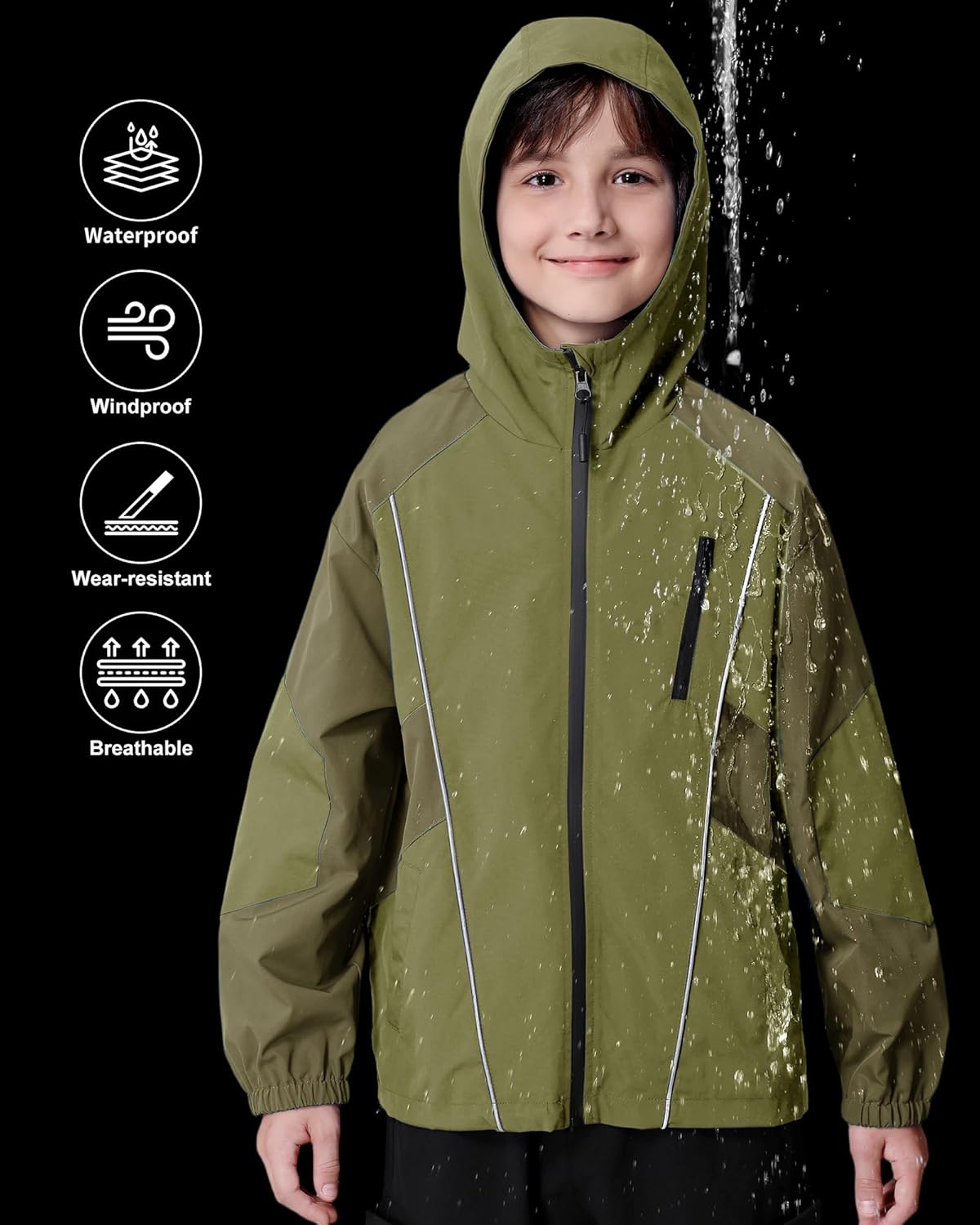 Rolanko Boys Rain Jacket, Waterproof Lightweight Windbreaker Raincoat Kids Hooded Lined Outerwear for Hiking Outdoor - Image 3