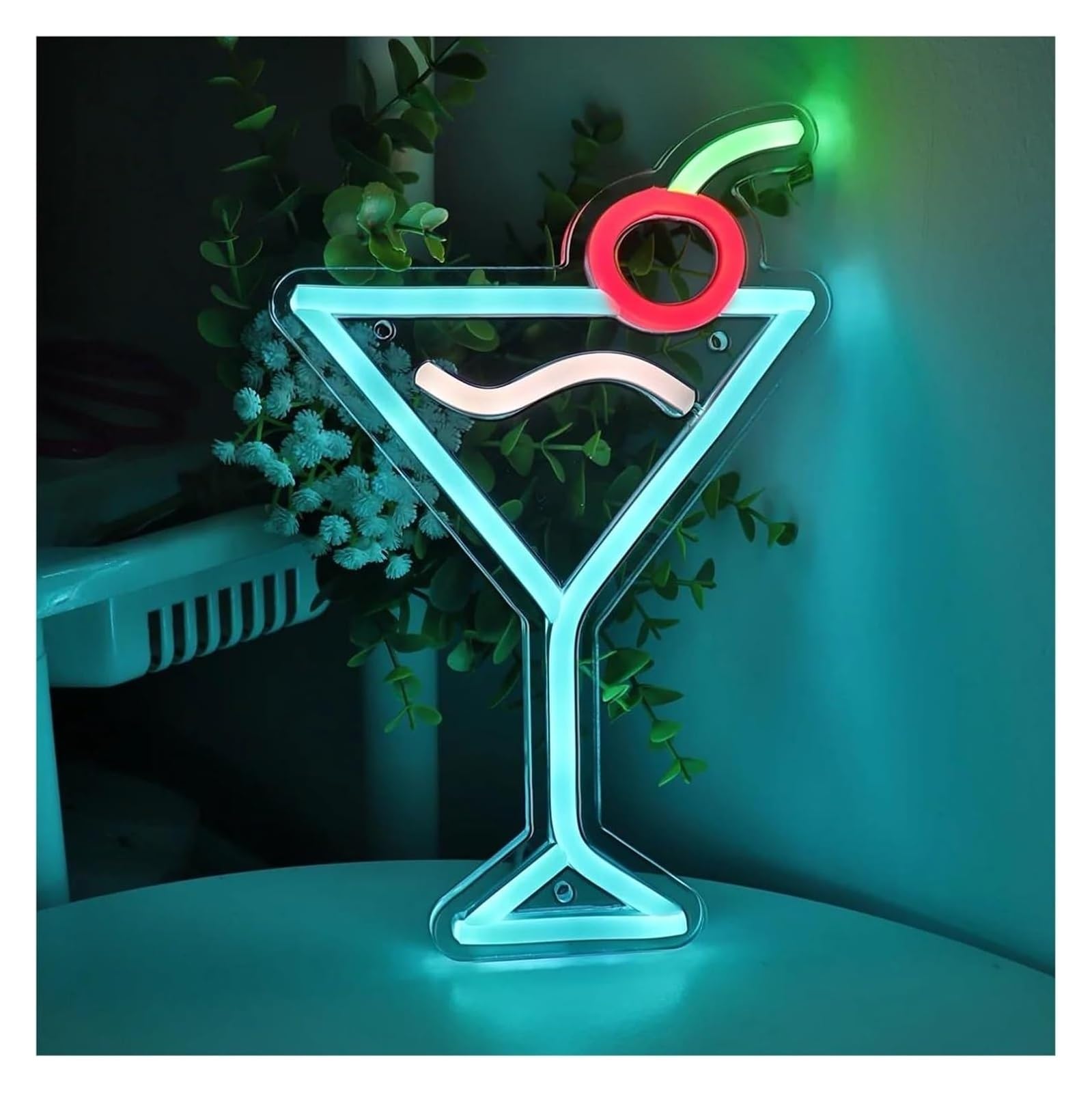 Lampe LED néon bleu glacier avec motif cocktails et cerises pour une décoration murale créative pour un pub 16,3cmx25,1
