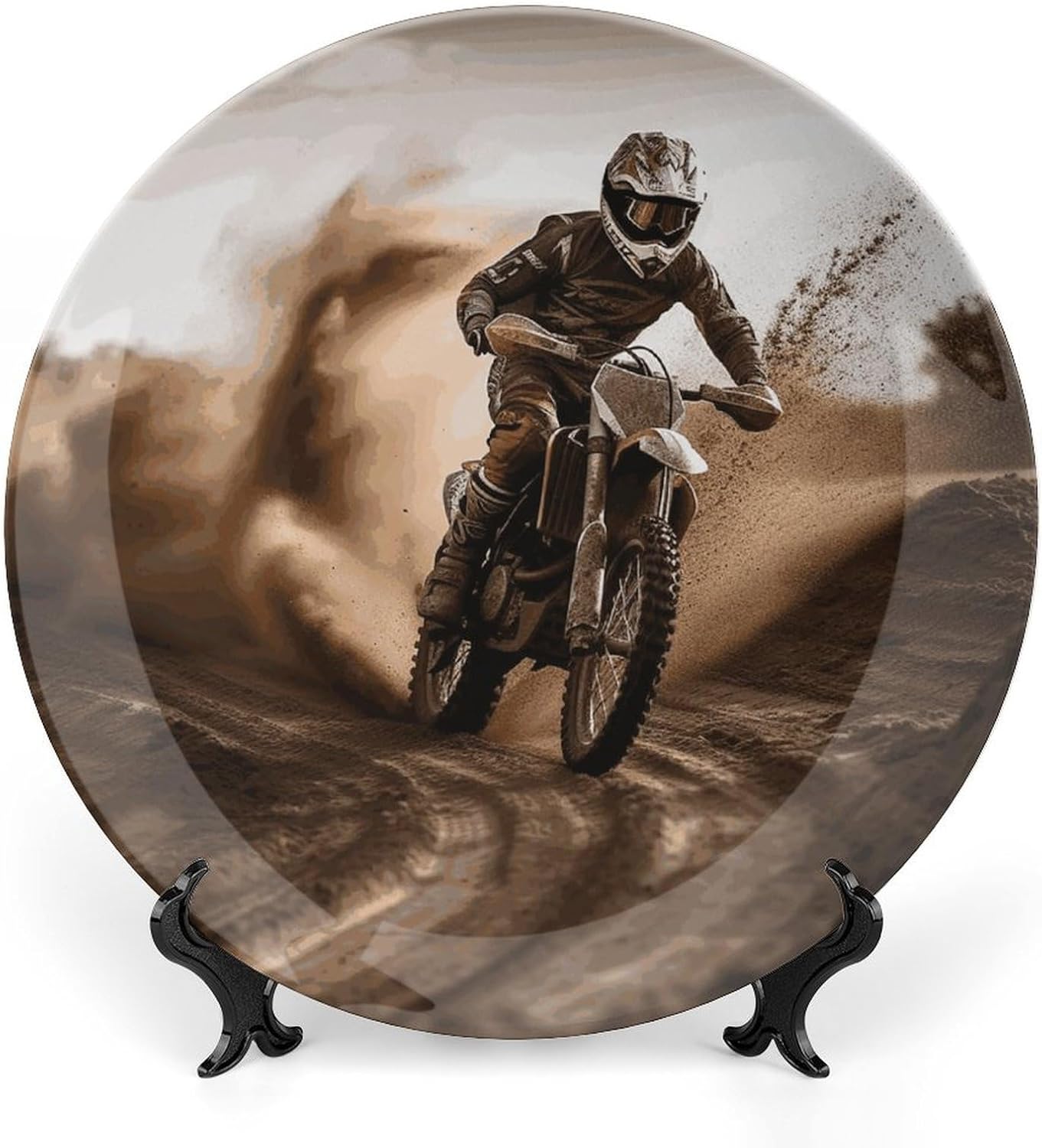 Motocross Decorative Plates for Display Round Porcelain Plate Living Room Table Ceramic Hanging Decorative Plate Art Decor for Living Room Table with 1 Display Stand 8inch