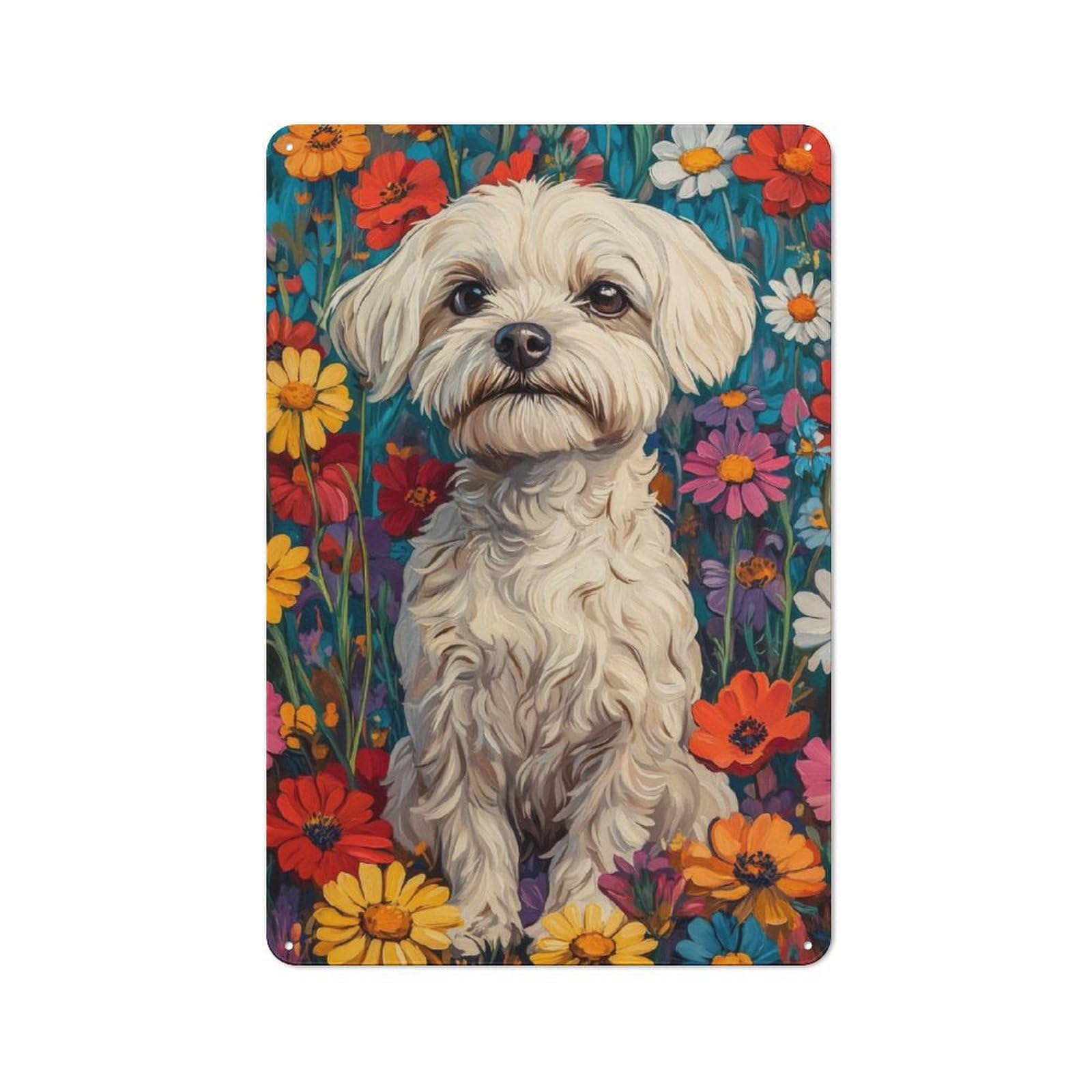 Junmoney Maltese In Wildflower Meadow Dog Wall Art Pr For Café Or Restaurant, Int White Dog In Flower Field Vintage Metal Sign 30X20cm, For Vintage Wall Decor Fans, For Cafés, Pubs And Restaurants