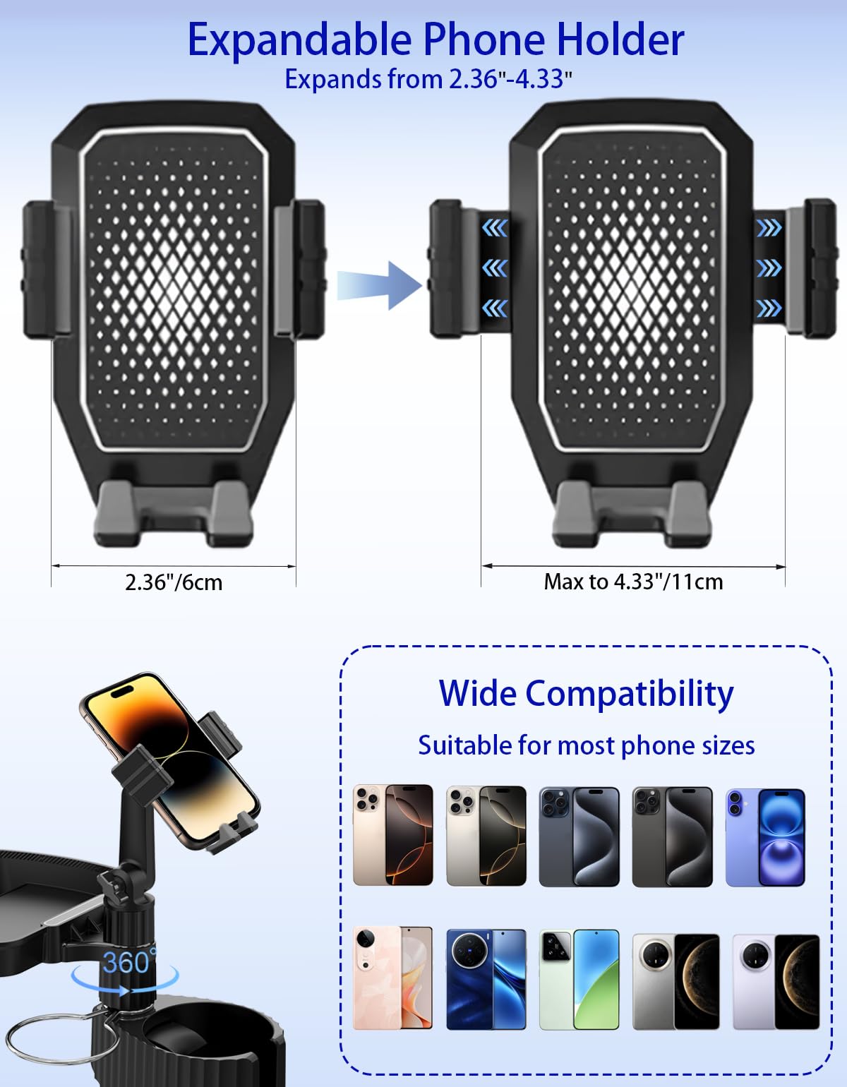 Plateau porte-gobelet de voiture – 4 en 1 avec porte-gobelet en métal, plateau alimentaire réglable et support de téléphone pour tous les usages, essentiels automobiles pour conducteur et