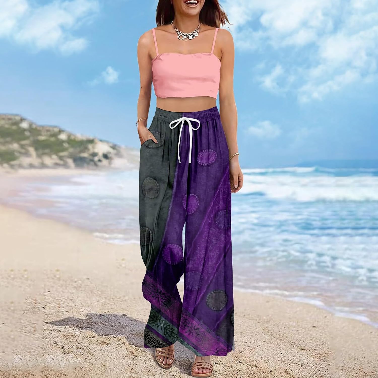 Exercise Clothes for Women Boho Pants Wide Leg 2025 Summer Floral Print Palazzo High Waist Lounge Trousers with Pockets