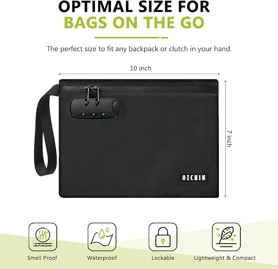 OZCHIN Smell Proof Storage Bag with Combination Lock, Carbon Lining Locking Bag PU Leather Waterproof Lockable Case Great Christmas Xmas Gifts for Women Men -25 x 18 CM