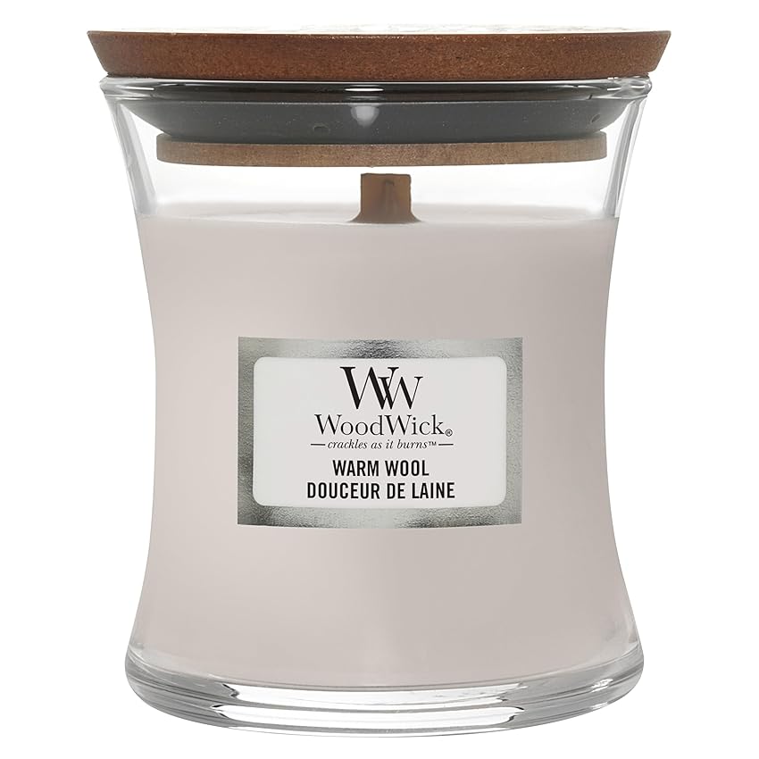WoodWick Candela profumata con stoppino scoppiettante | Candela a clessidra piccola Morbidezza della lana | Fino a 20 ore di combustione | Regali perfetti per le donne