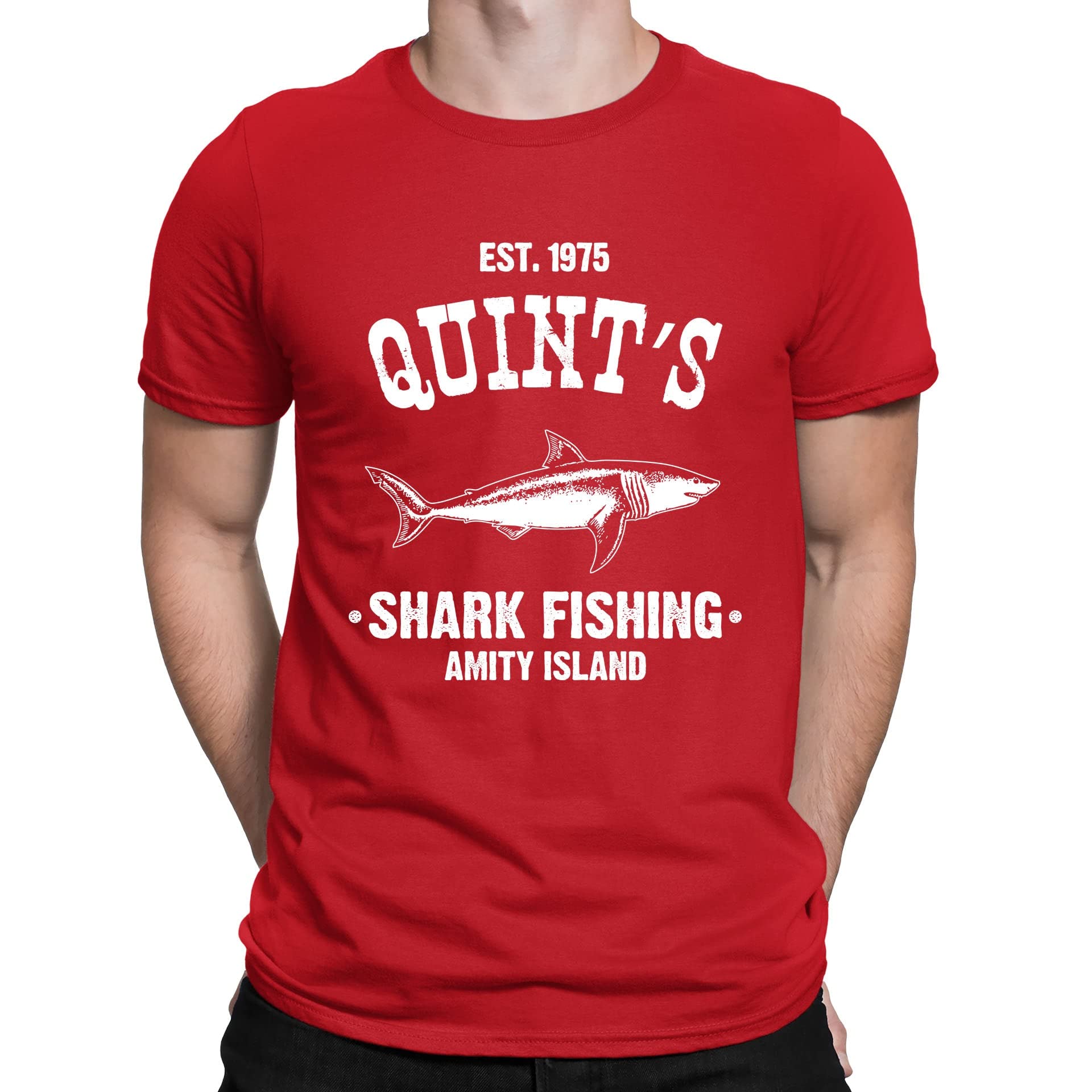 Mens Quints Fishing Shark Jaws Inspired Amity Cult Movie T-Shirt Red (L)