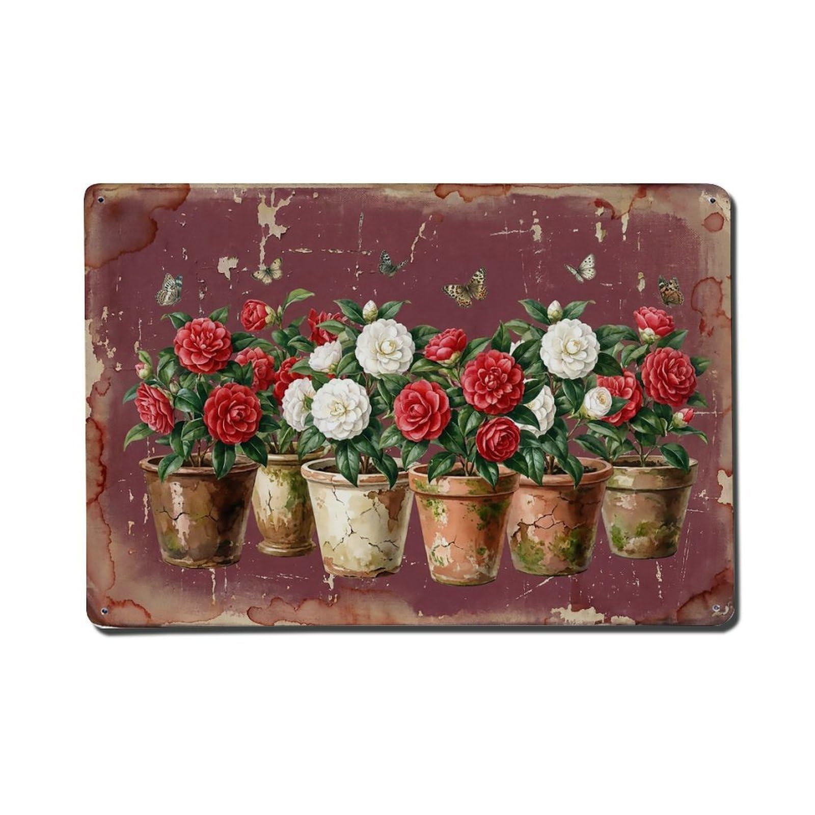 Vintage Rustic Flower Potted Plants Camellia Metal Tin Sign