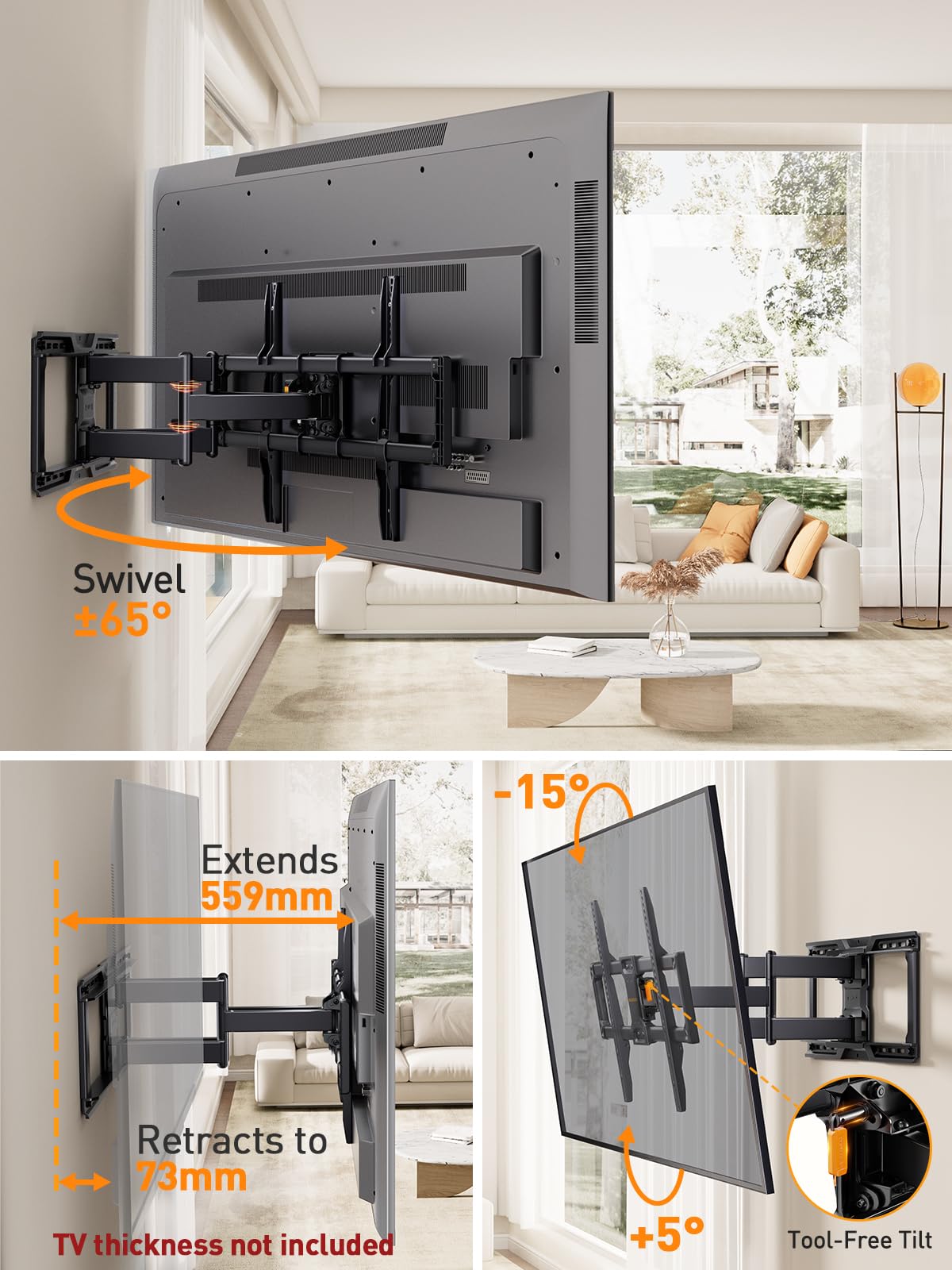 Perlegear supporto TV Parete a Movimento per TV da 42 a 90 Pollici fino a 68KG, Supporto TV Pre-Assemblato con Inclinazione, Rotazione, Estensione senza Attrezzi, Max VESA 600 x 400mm