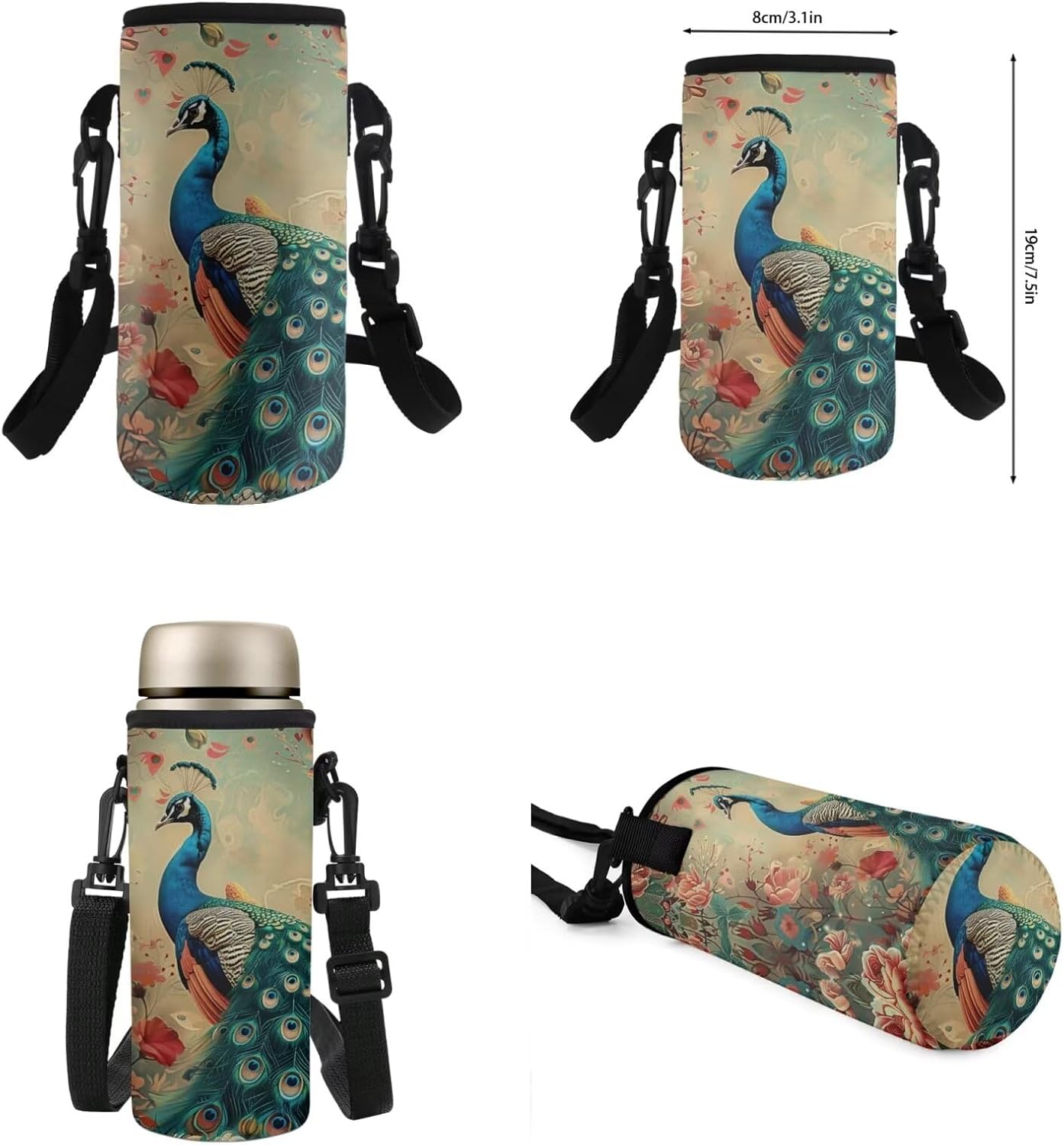 Flashideas Peacock Kids Backpack Set 4 Piece School Backpack Set with Insulated Water Bottle Portable Lunch Bag Water Bottle Holder with Strap for Kids Teens Elementary Middle School