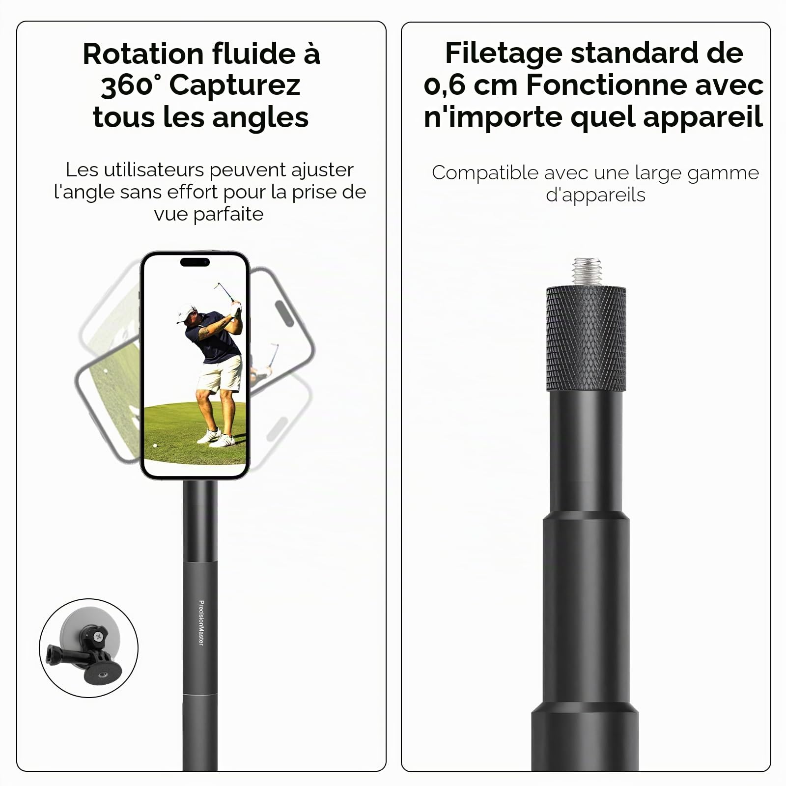PrecisionMaster Trépied & Monopode Golf, Perche Magnétique Film Golf 135cm Réglable Aluminium, Aide Entraînement Swing Golf Compatible MagSafe iPhone Android