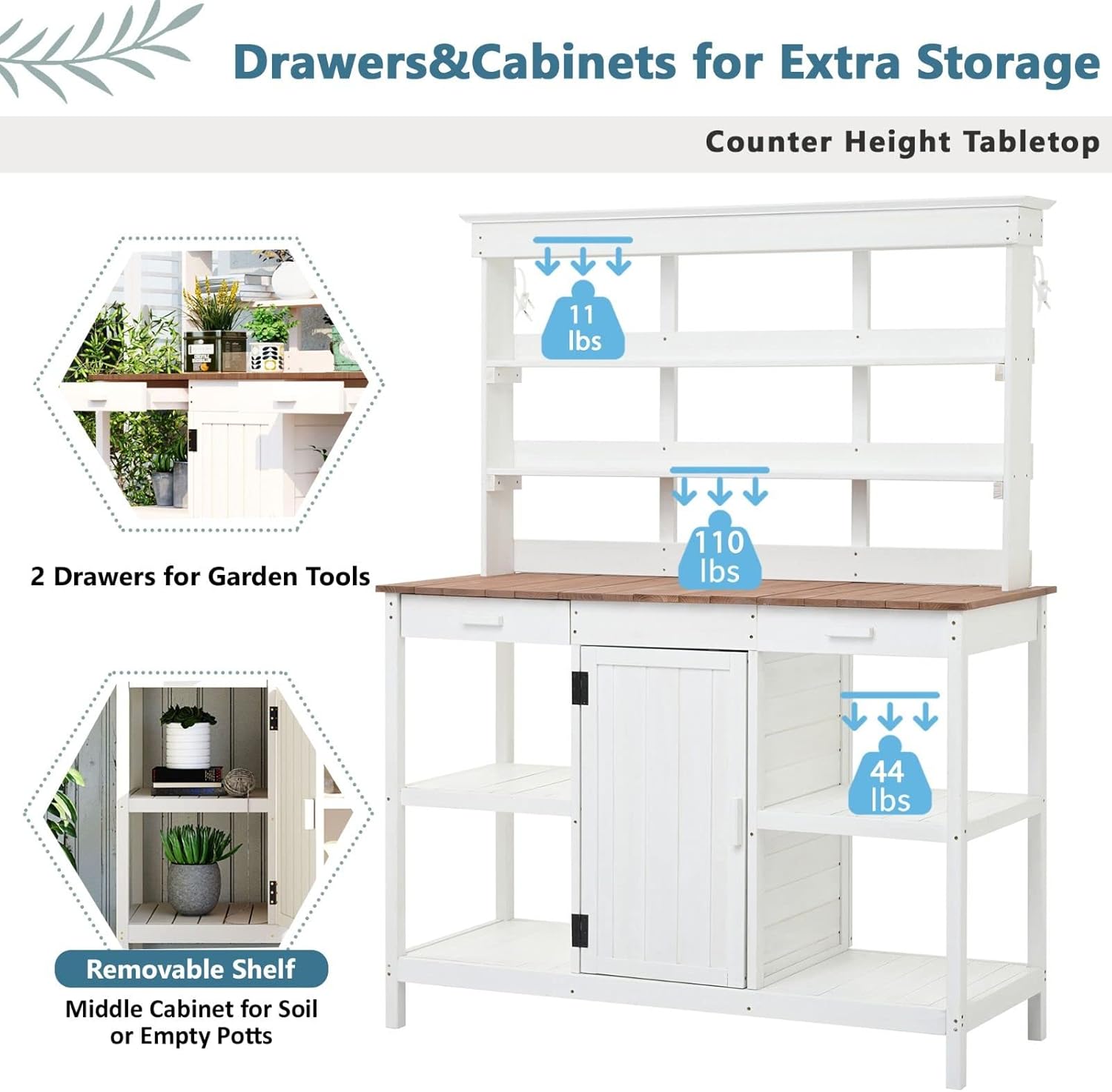 Garden Wooden Potting Bench Table with Storage Cabinet and Open Shelves, 66 inches Tall Outdoor Workstation Table, Anti-Tipping Device