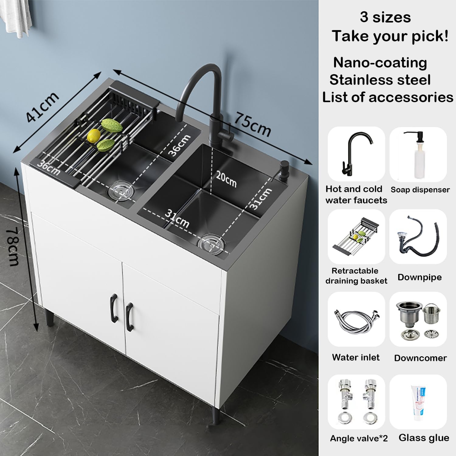 29-31In Laundry Sink Cabinet with Stainless Steel Sink Double Bowl Sink Cabinet Free Standing Utility Sink with Cabinet Utility Tub for Bathroom Laundry Room Kitchen,75 * 41 * 78cm