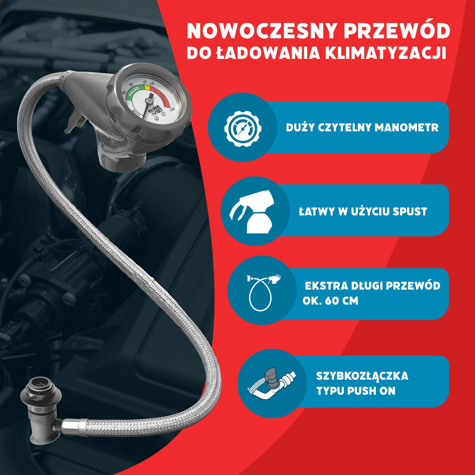 Zamiennik Czynnika Chłodniczego R134a Gaz 1x 235 g z Wężem i Adapterem HP/LP do Klimatyzacji – Napełnianie Klimatyzacji Samochodowej – Gaz R134a – Kartusz Gazu – ECO