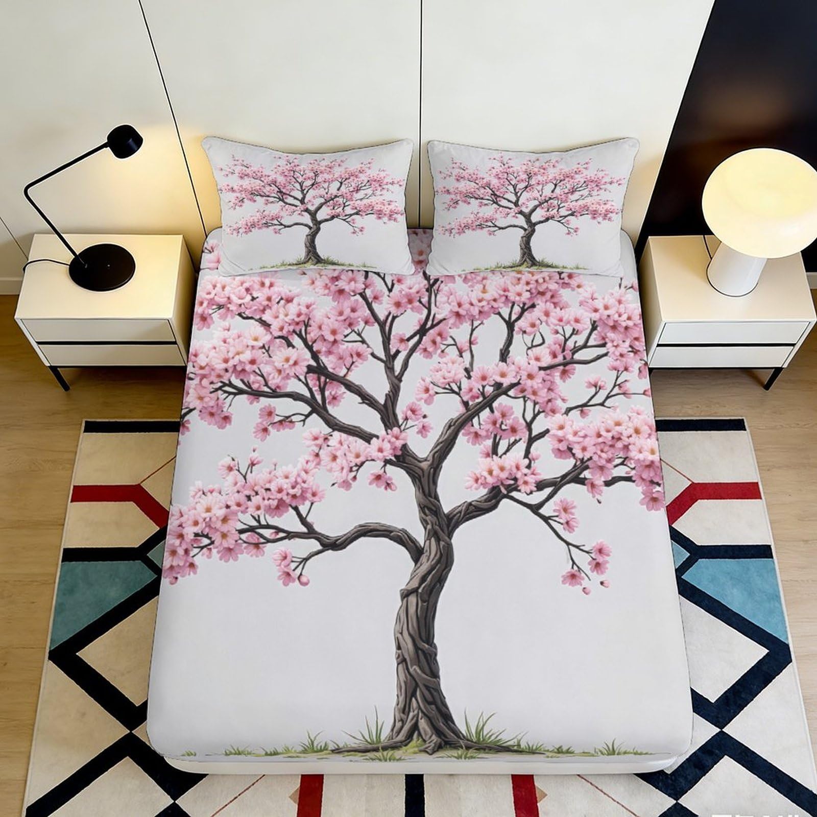3D Printed Cherry Blossom Tree Fitted Sheet Microfiber Soft Bed Cover for Bedroom Guest Room Dustproof Decor 90x200x25cm