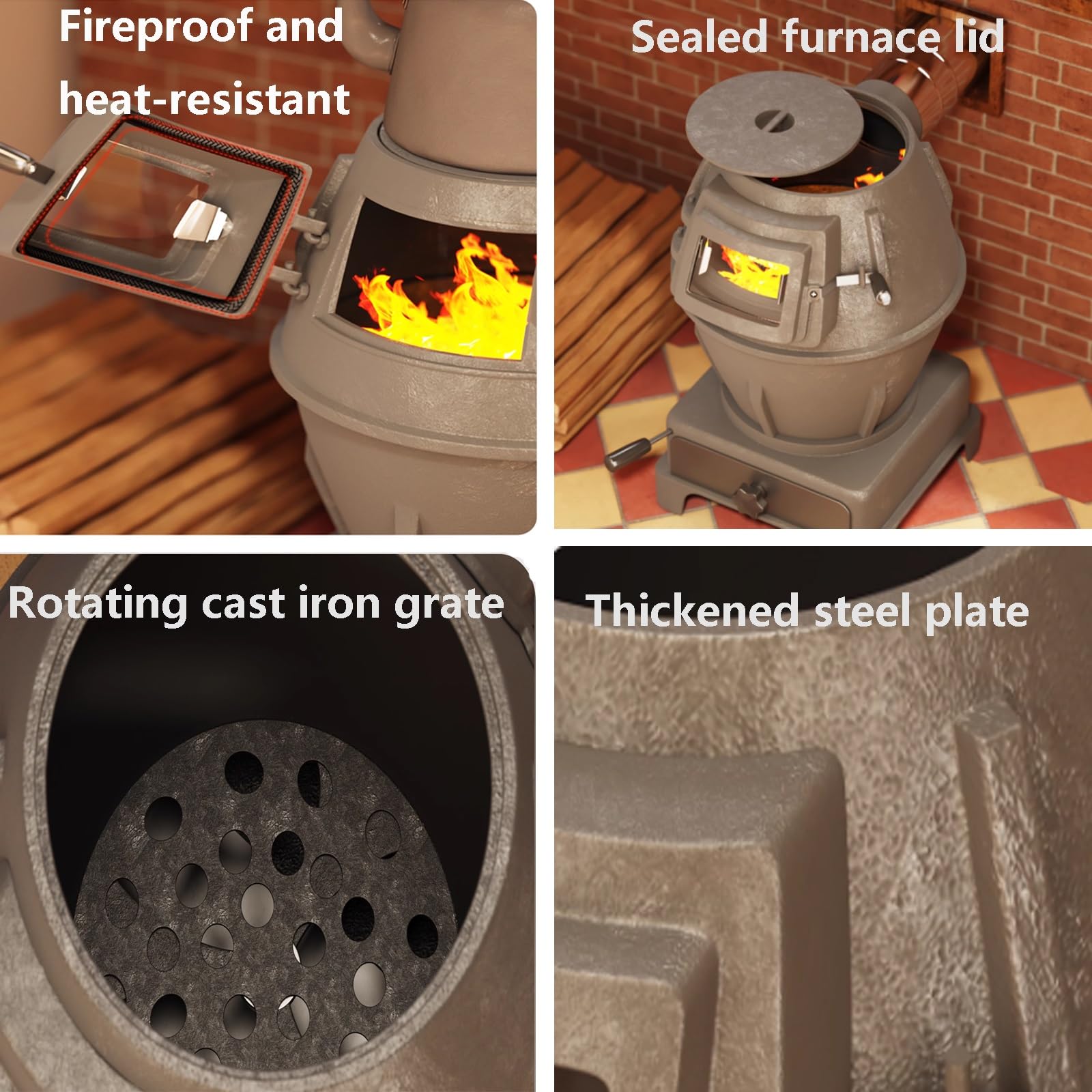 Stufa Multicombustibile Per Casa Per Riscaldare E Cucinare Con Coperchio Sigillato, Vetro Di Controllo & Cassetto Delle Ceneri, 2 Dimensioni Disponibili(300cm chimney,23 * 23 * 40cm)