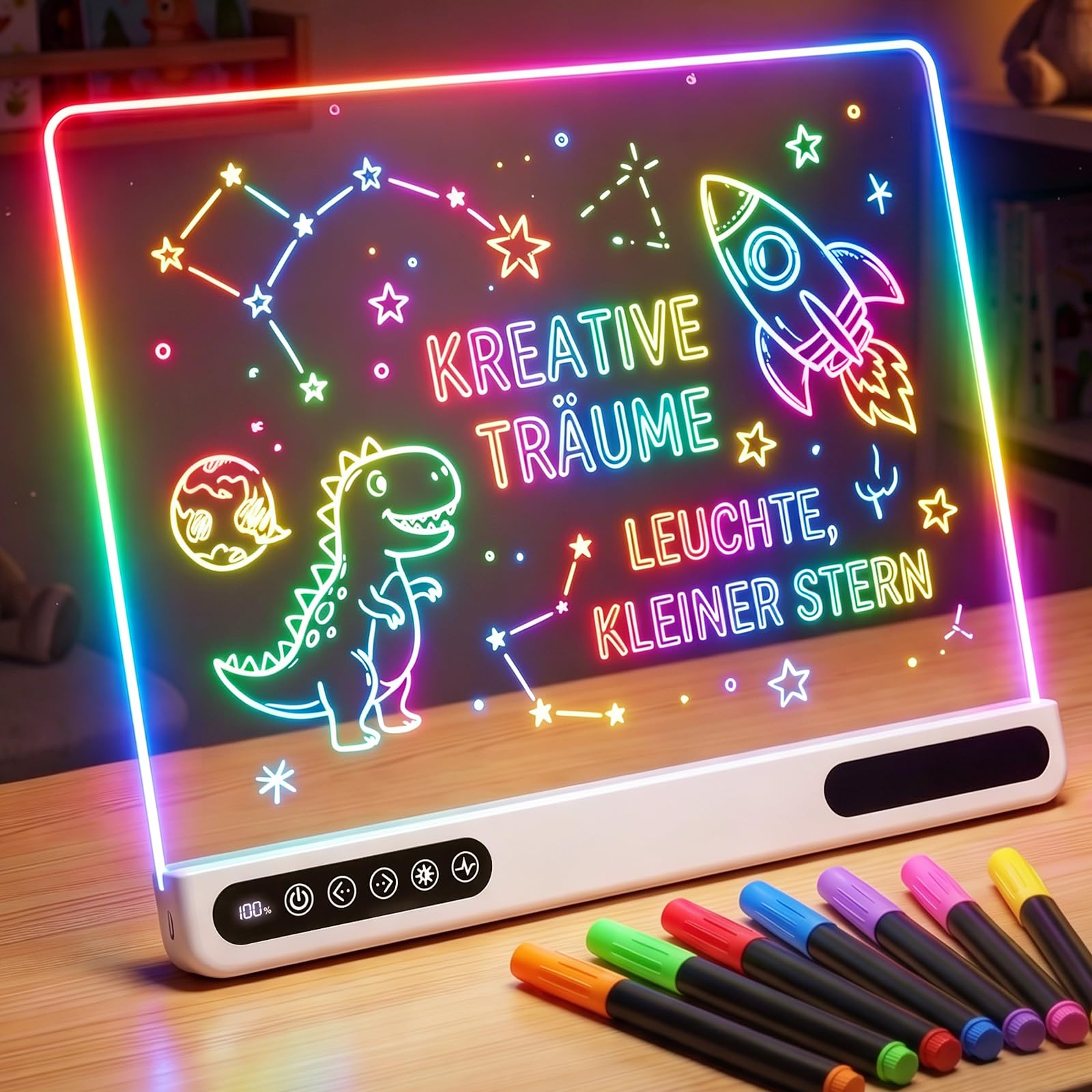 Pizarra LED para niños, pizarra luminosa recargable con 7 colores y 4 modos de iluminación, pizarra creativa con indicador de batería y 7 rotuladores de neón, regalo reutilizable para niñas y niños