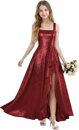 Girls Bridesmaid Dresses Size 10-12 Sparkly Sequin Prom Dress for Teens A Line Burgundy Square Neck Junior Flower Girl Dress with Ruffle Slit