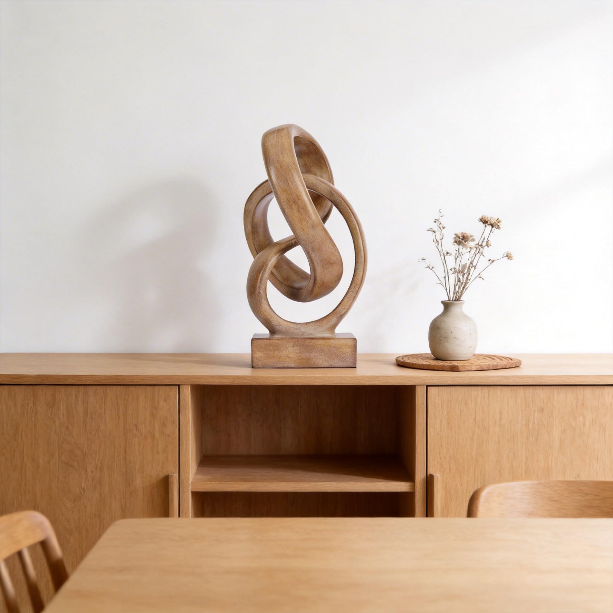 WUBIANJIE Moderne abstrakte Knotenskulptur, künstlerisch von Mobius inspirierte Harzdekoration, elegante Dekoration für Zuhause und Büro, Holzfarbe