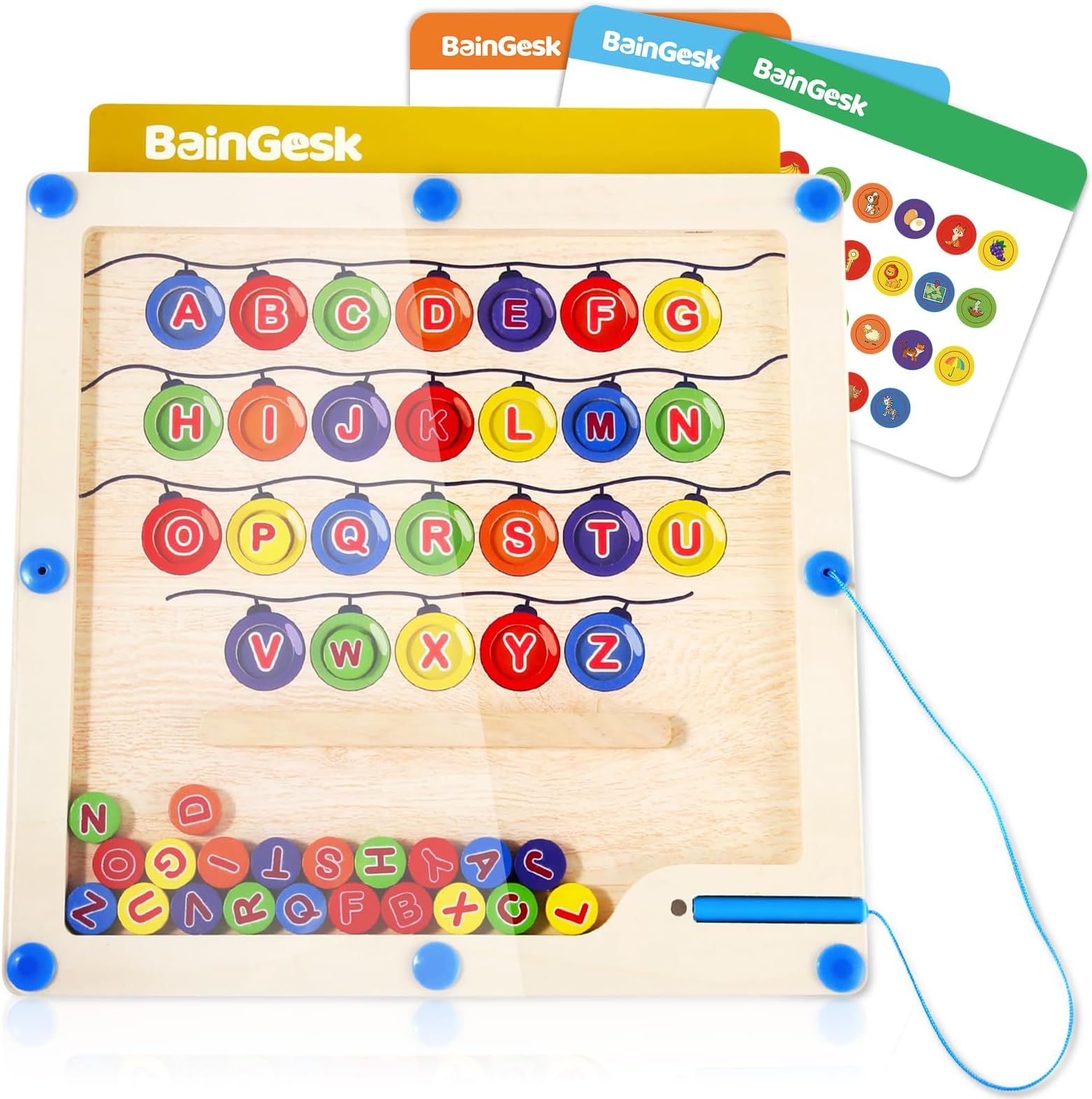 BainGesk Alphabet Maze Board with 4 Activity Cards, Wooden Color Sorting Letters Puzzles, ABC Alphabet Learning Toys for Toddlers, Fine Motor Skills Toy for 3 4 5 Year Old Kids Montessori Toy