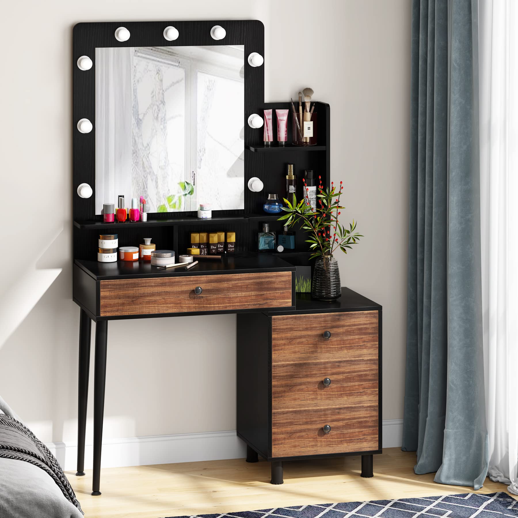 Tribesigns Vintage Vanity Table with Lighted Mirror, Vintage Makeup Dressing Table with Large Drawer and 3-Drawer Chest, Dresser Table for Women (Brown, Stool NOT Included) (Brown/Black)