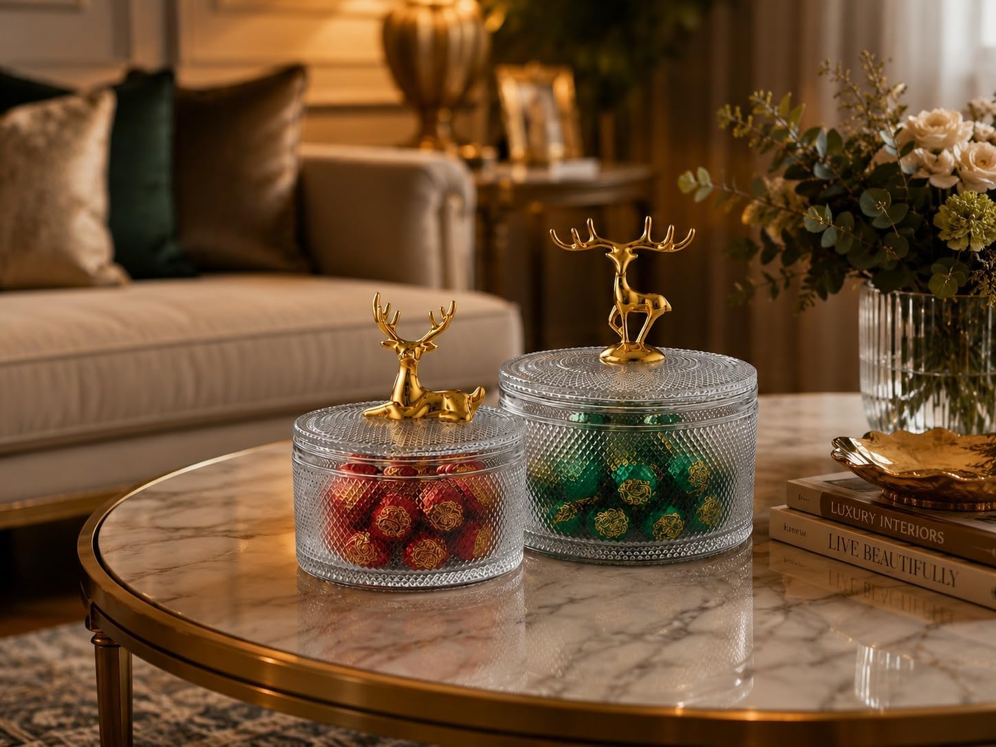 Glass Sugar Bowl Set of 2 with Gold Deer Lid, Decorative Lidded Glass Jars with Diamond-Cut Design, Trinket Box & Candle Jar, Small & Large Storage Jars for Vanity or Coffee Bar