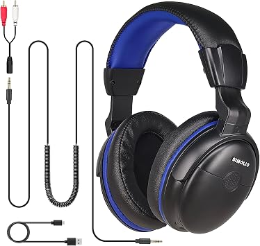 SIMOLIO Sound Amplified Wired Headphones with Extra Long Cord for TV with Clear Dialogue, 18ft/5.5M Long Coil Cord, Over Ear Wired TV Headphones for Seniors w/Volume Control & Clip, 40 Hrs Playtime