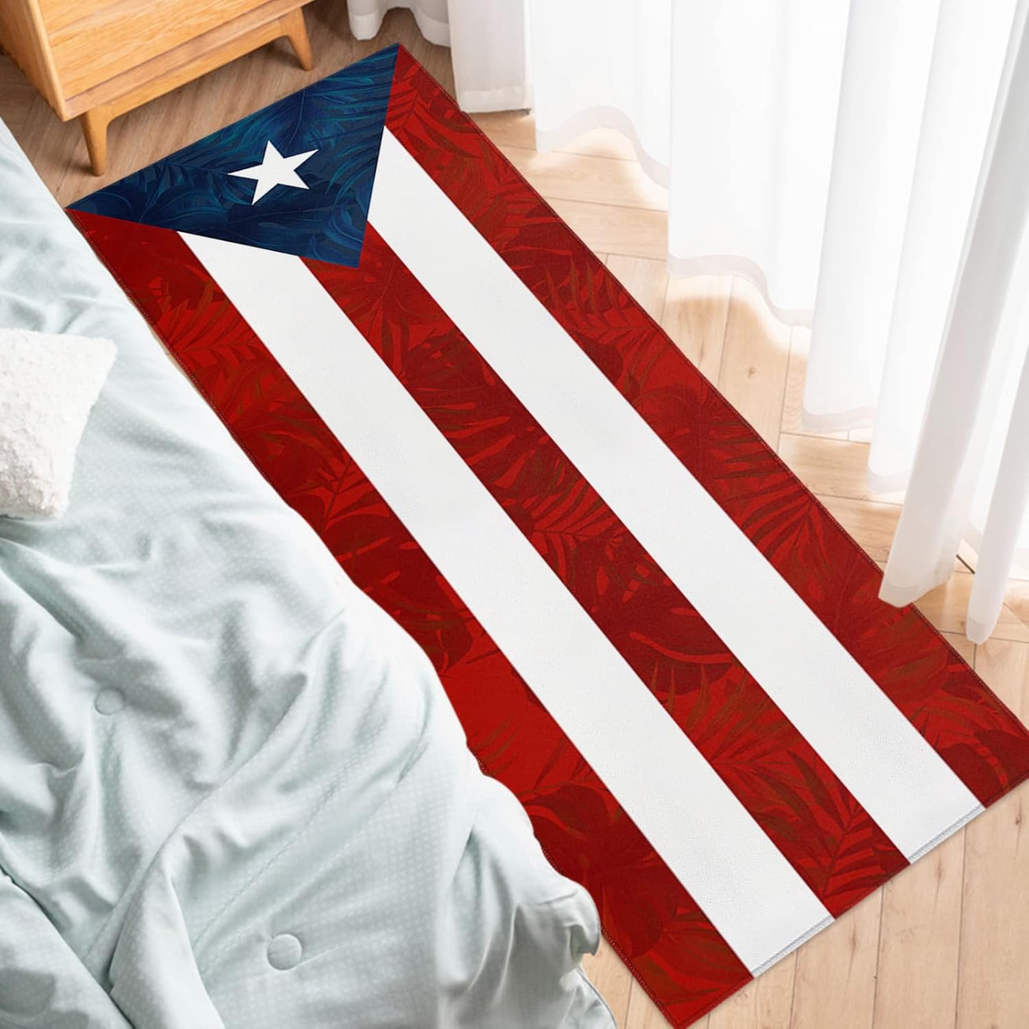 Kitchen Runner Rug, Puerto Rico Flag with Leaves Texture Blue Red Non Slip Runner Carpet Door Mats Floor Mat for Laundry Bedside Bathroom Bedroom 18"X47.2"