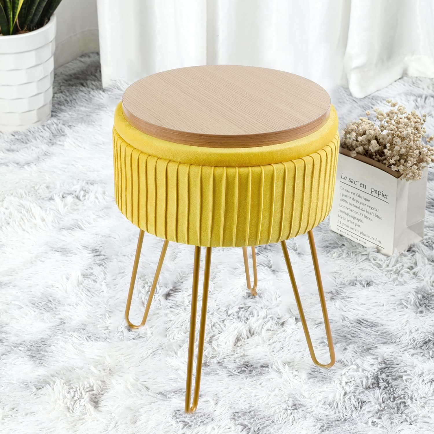 Amazon.com: TOUCH-RICH Stripe Velvet Vanity Chair Round Ottoman ...