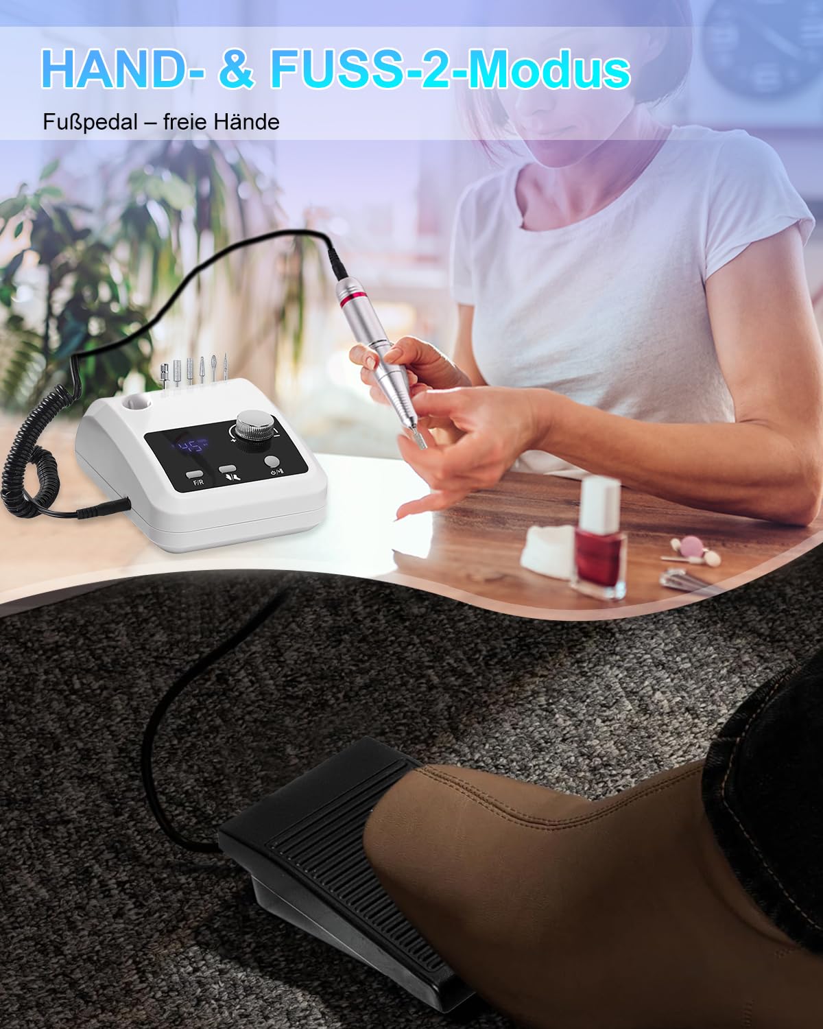CozyZen Elektrische Nagelfräse Professional, 45000 U/min mit LCD-Display | Hand- & Fußsteuerung, leise, für Acryl- und Gelnägel, Maniküre & Pediküre, ideal für Salon und Zuhause