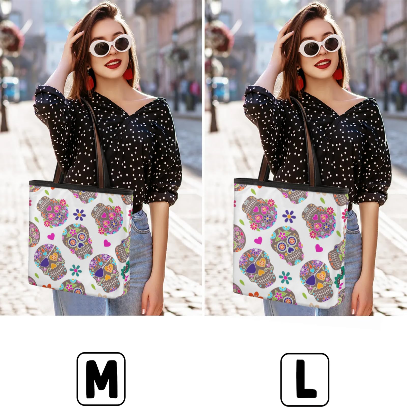 Sugar Skull Flower Heart Tote Bag Multi Pocket Zippered Beach Bag Lightweight Waterproof Handbag for Women Men Work Gym Travel Swimming Yoga Grocery Shopping M