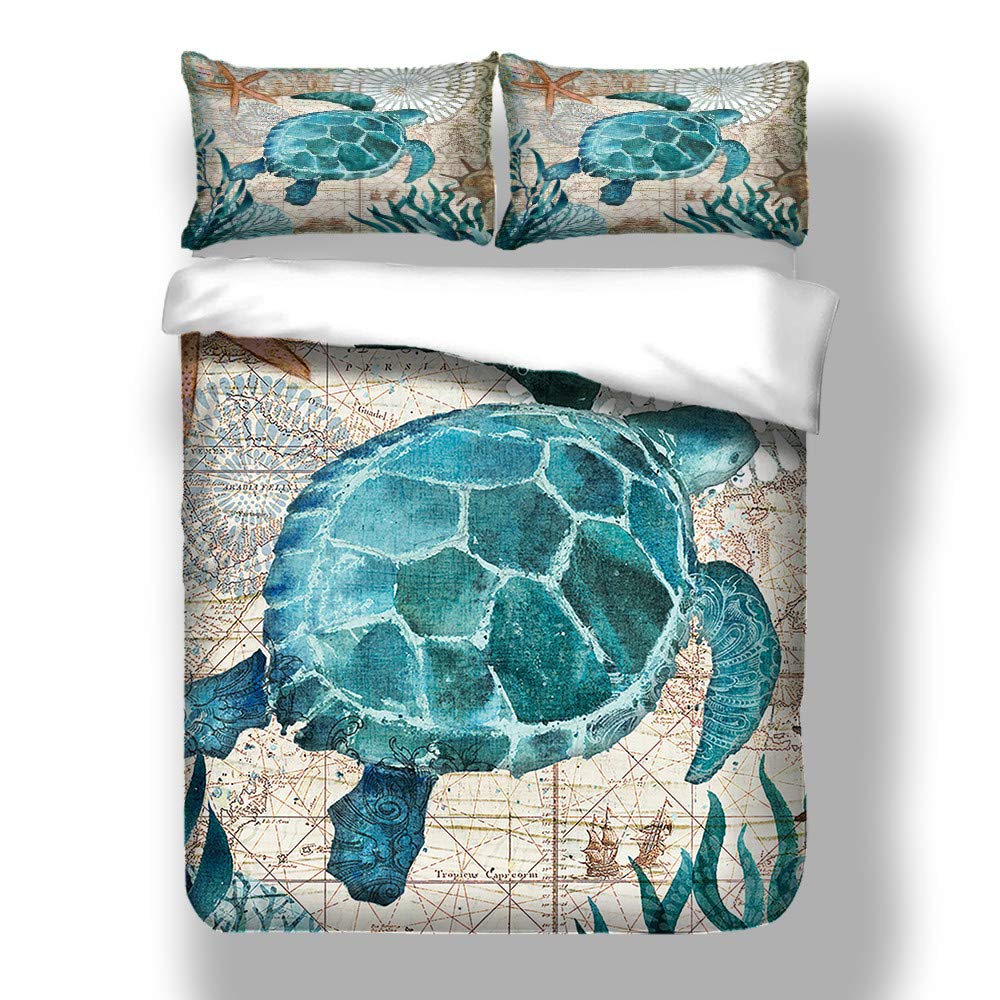 AndruiDuvet Cover and Pillowcase Set, Dolphin Turtle Seahorse Whale Octopus Pattern, Ocean Park Theme, Luxury Trendy Quilt Bedding Set Double
