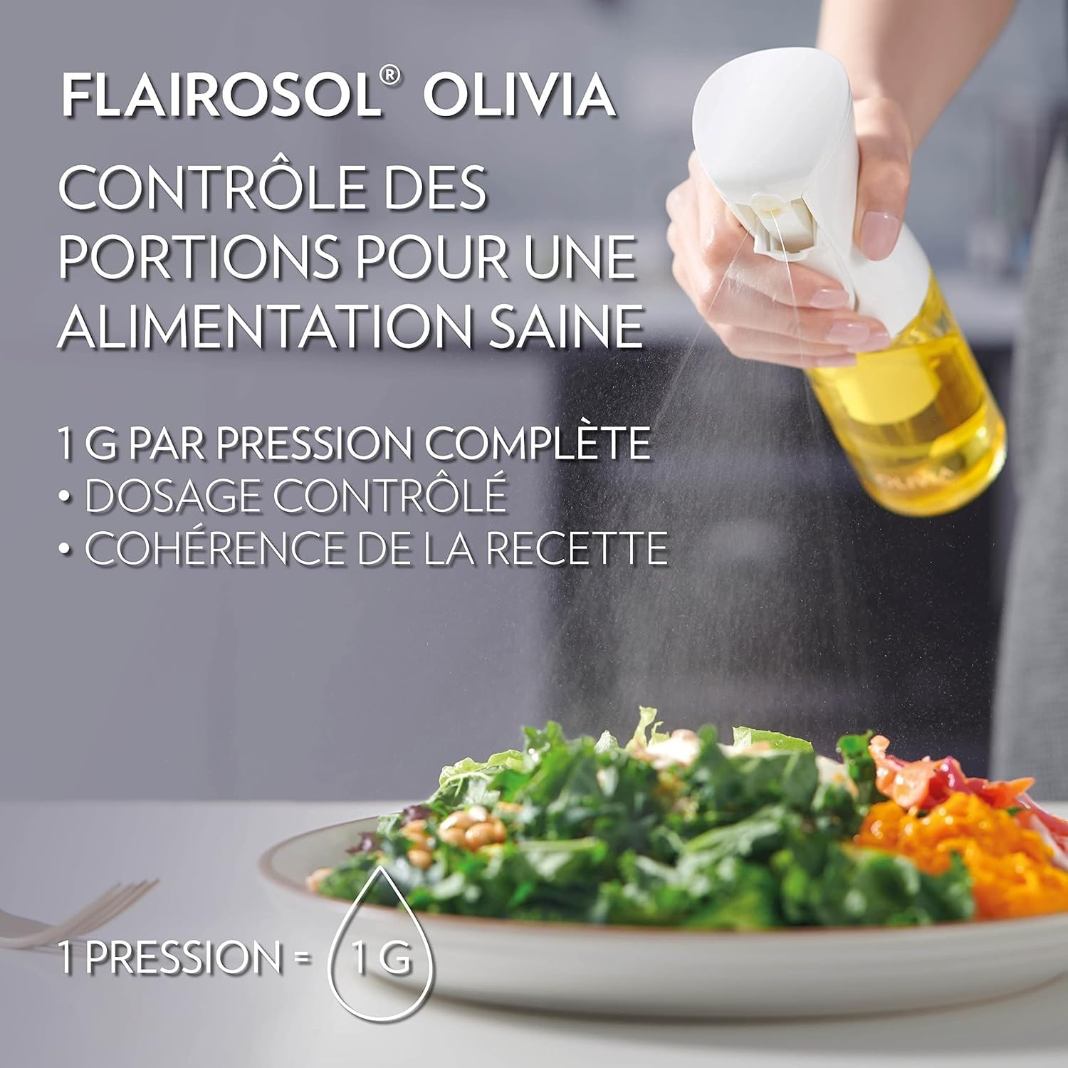 FLAIROSOL OLIVIA Vaporisateur d'Huile en Verre 130ml - Technologie de Pulvérisation Continue avec Contrôle des Portions - Polyvalent pour Cuisine, Salades, Barbecues, Vuisson, etc. (Logo Blanc)