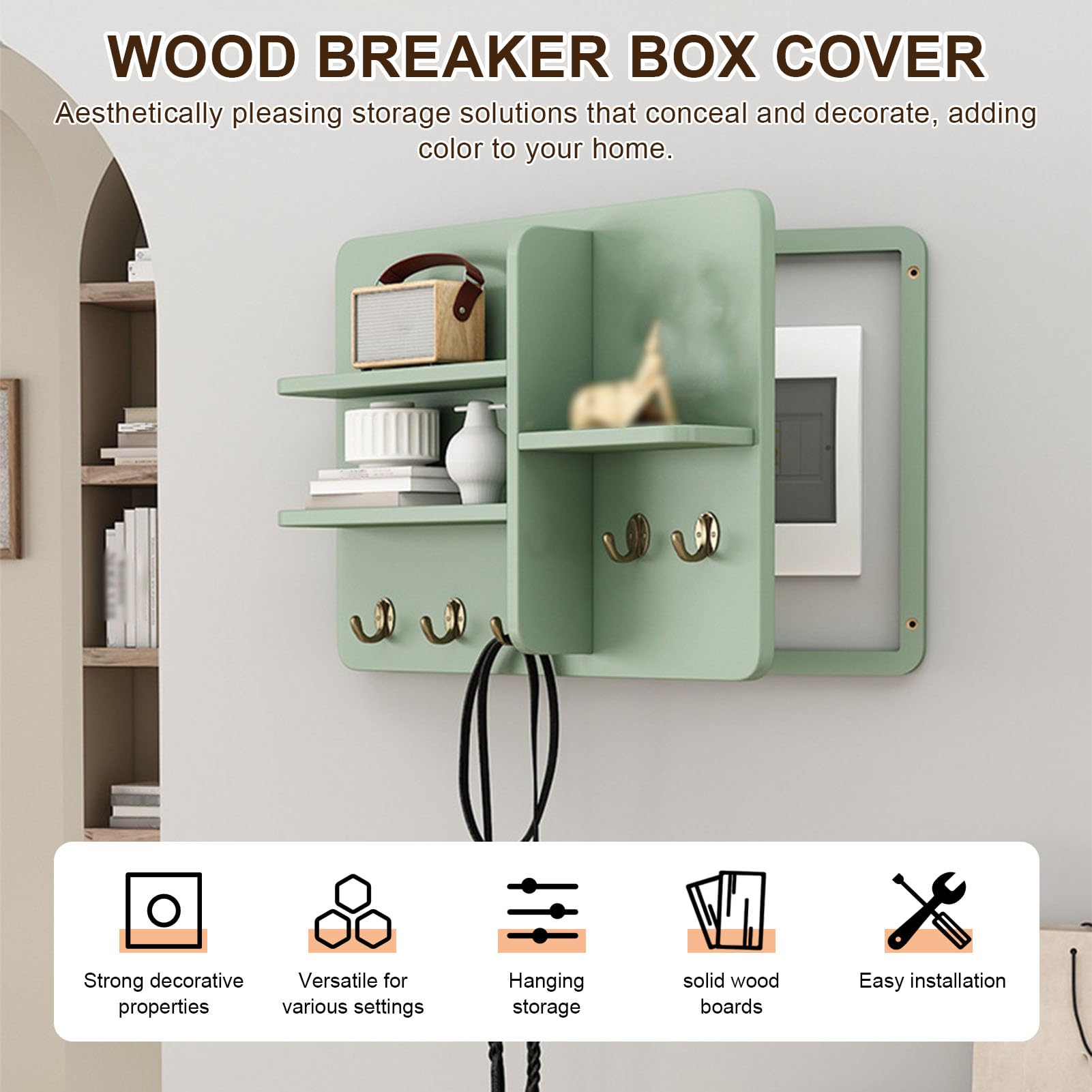 Tapa Cuadro Eléctrico Decorativo con Ganchos, Tapa Contador Luz Decorativa de Madera con Separador, Cuadro para Tapar Cuadro Eléctrico, Caja Contador Eléctrico A 60x50cm
