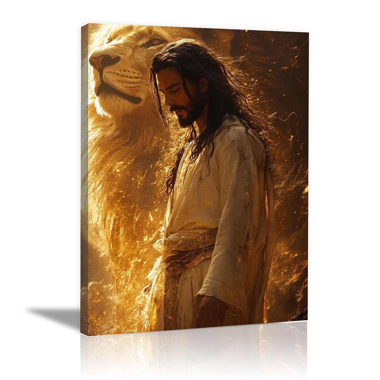 QUSAAOU Jesus Canvas Wall Art Jesus with a Lion Christian Religious Prints Painting for Bedroom Living Room Bedroom Hallway Home Decoration(golden)-50x70cm Framed