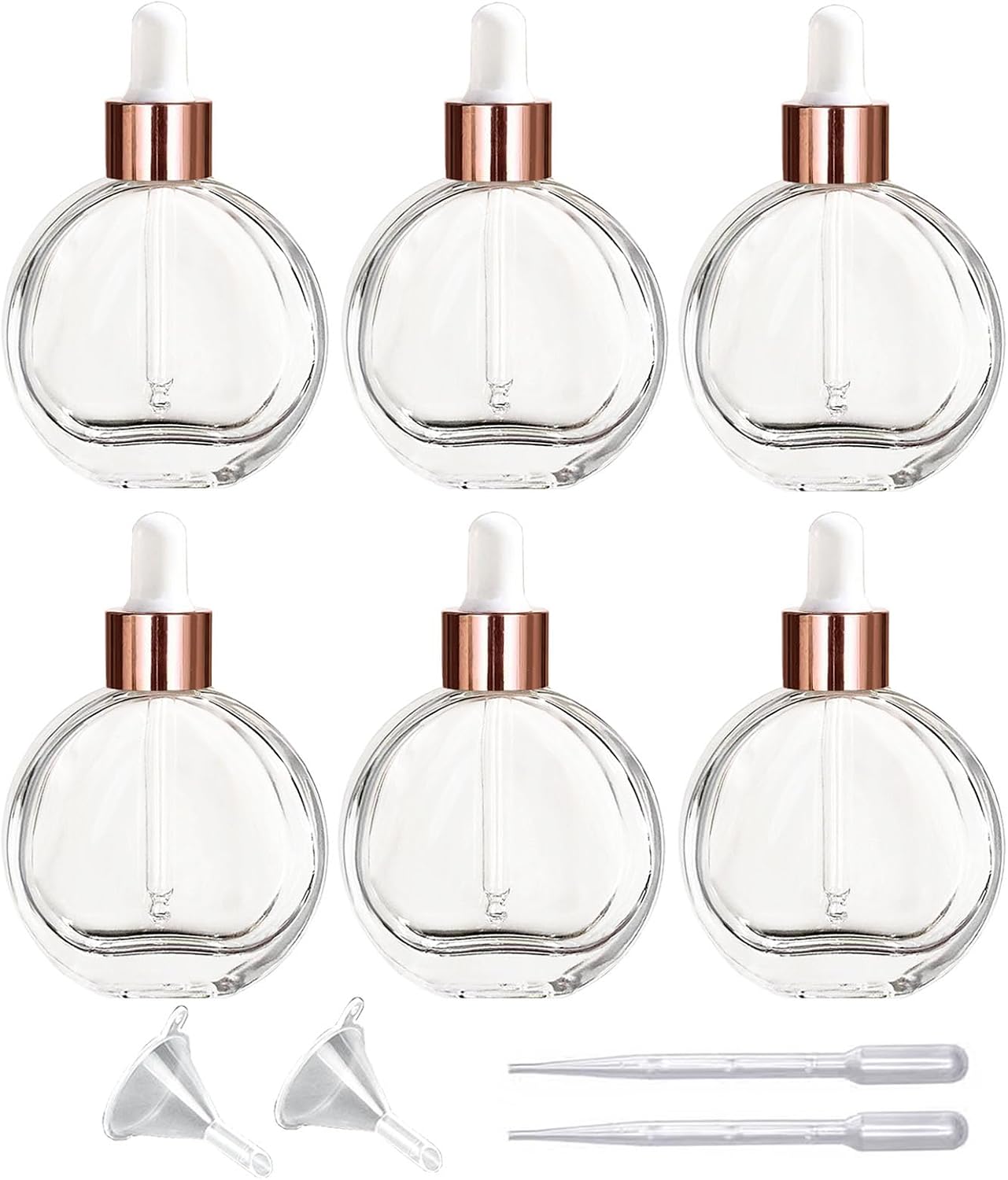 6Pcs, 2 oz Glass Dropper Bottles for Essential Oils,60ml flat round perfume bottle with Eye Droppers,for Essential Oils,Perfumes, Serums - Leakproof for Travel (Clear)