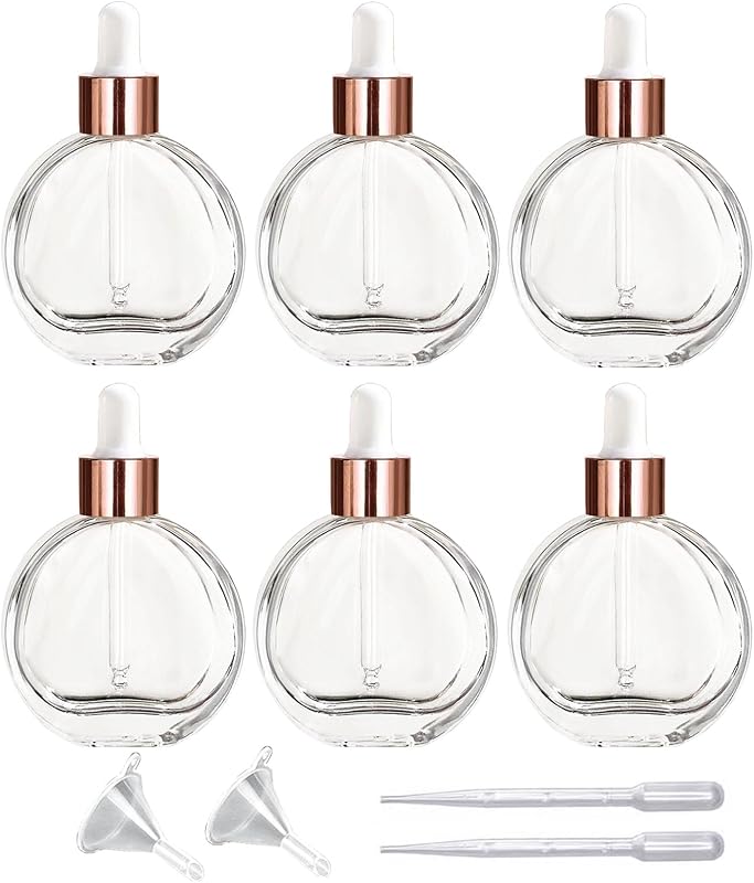 PYAWI Conjunto com 6 frascos de vidro com conta-gotas, 60 mL, formato redondo plano, Clear/Rose Gold