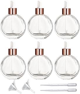 6Pcs,2 oz Glass Dropper Bottles for Essential Oils,60ml Clear flat round perfume bottle with Droppers,for Oils, Perfumes, Serums,Leakproof for Travel (Clear/Rose Gold)