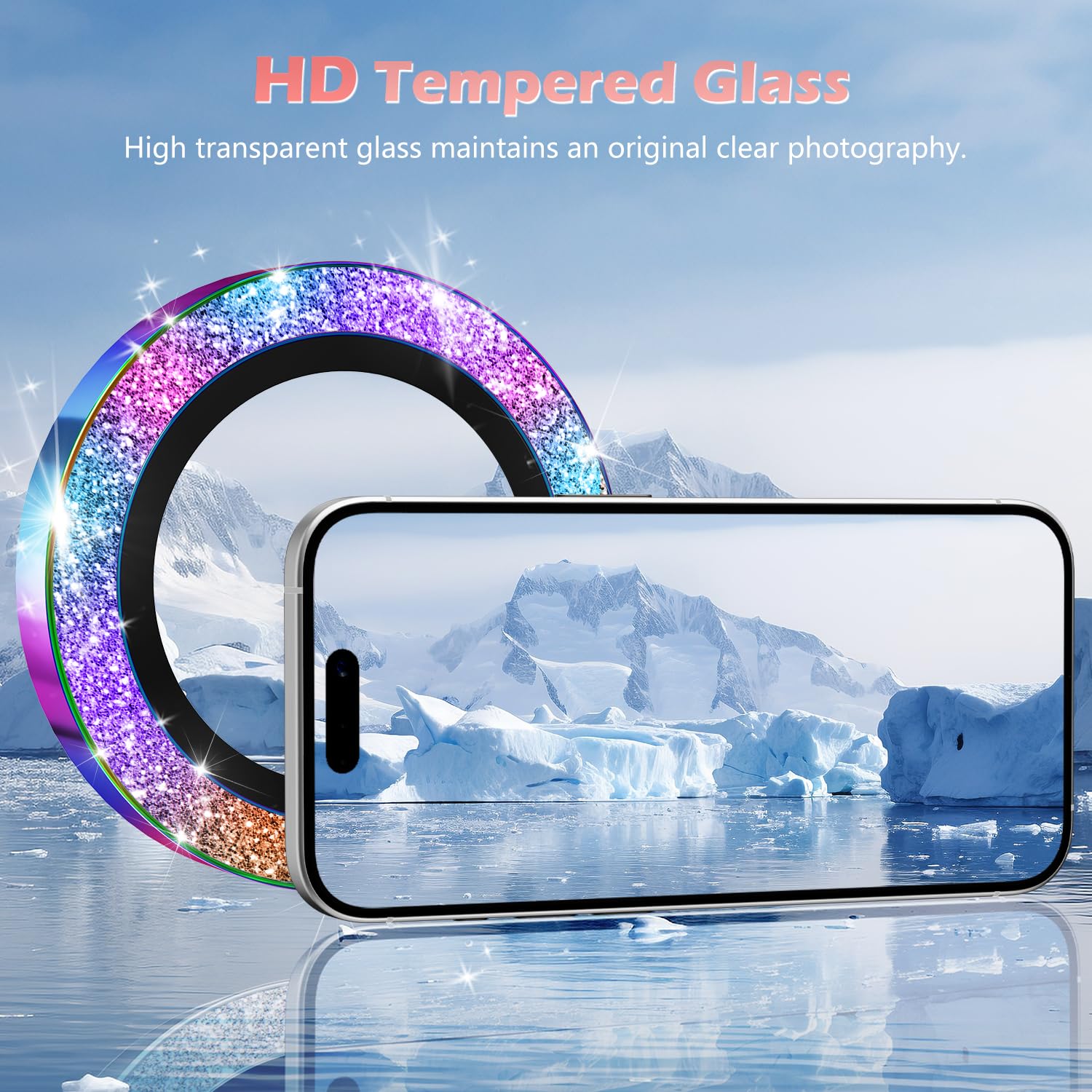 imluckies Glitter Camera Lens Protector for iPhone 16 / iPhone 16 Plus, AR+AF Tempered Glass - Image 2