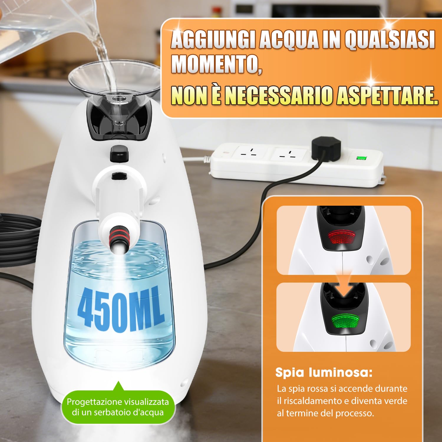 Pulitore a Vapore Portatile, Vaporetto per Casa con Riscaldamento Istantaneo 10s, Serbatoio 450ml, Pulitore Multiuso per Cucina, Bagno, Piastrelle, Fughe e Tappezzeria