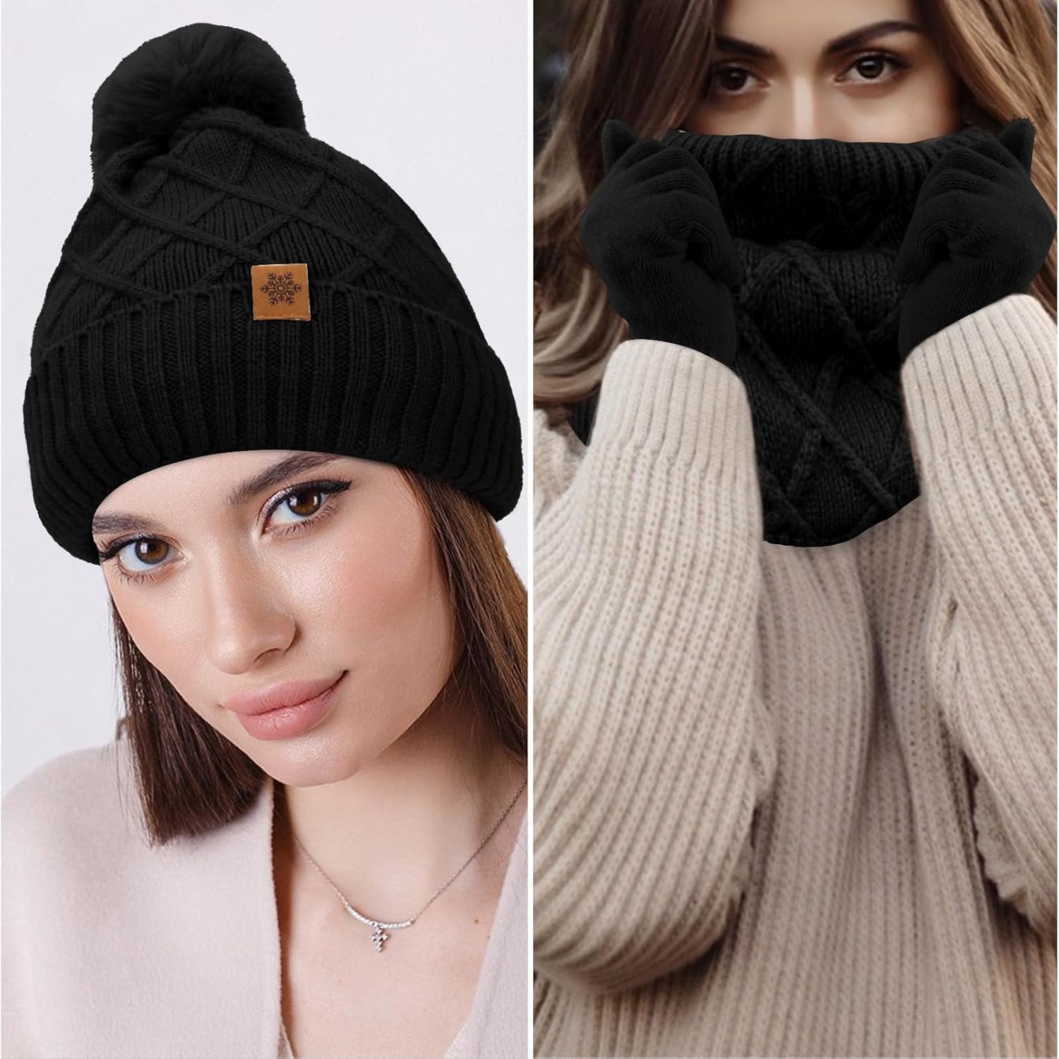 Hat Gloves Scarf Set Women, Winter Beanie with Pom Pom Warm Gloves Neck Warmers 3 in 1 Set - Image 7