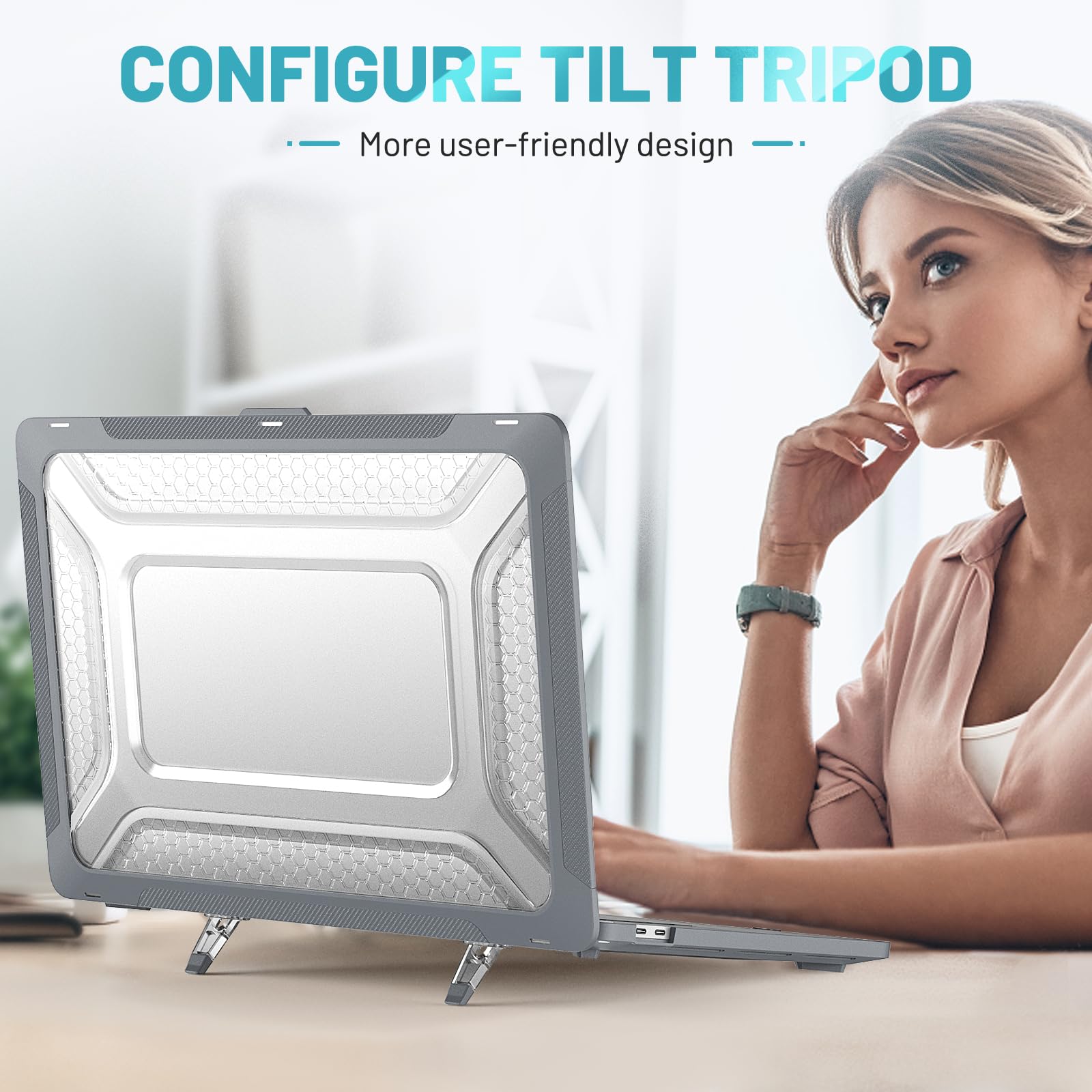 Custodia Hybird compatibile per MacBook Pro 16" 2019, guscio rigido classico in PC a nido d'ape + custodia in TPU con cavalletto pieghevole